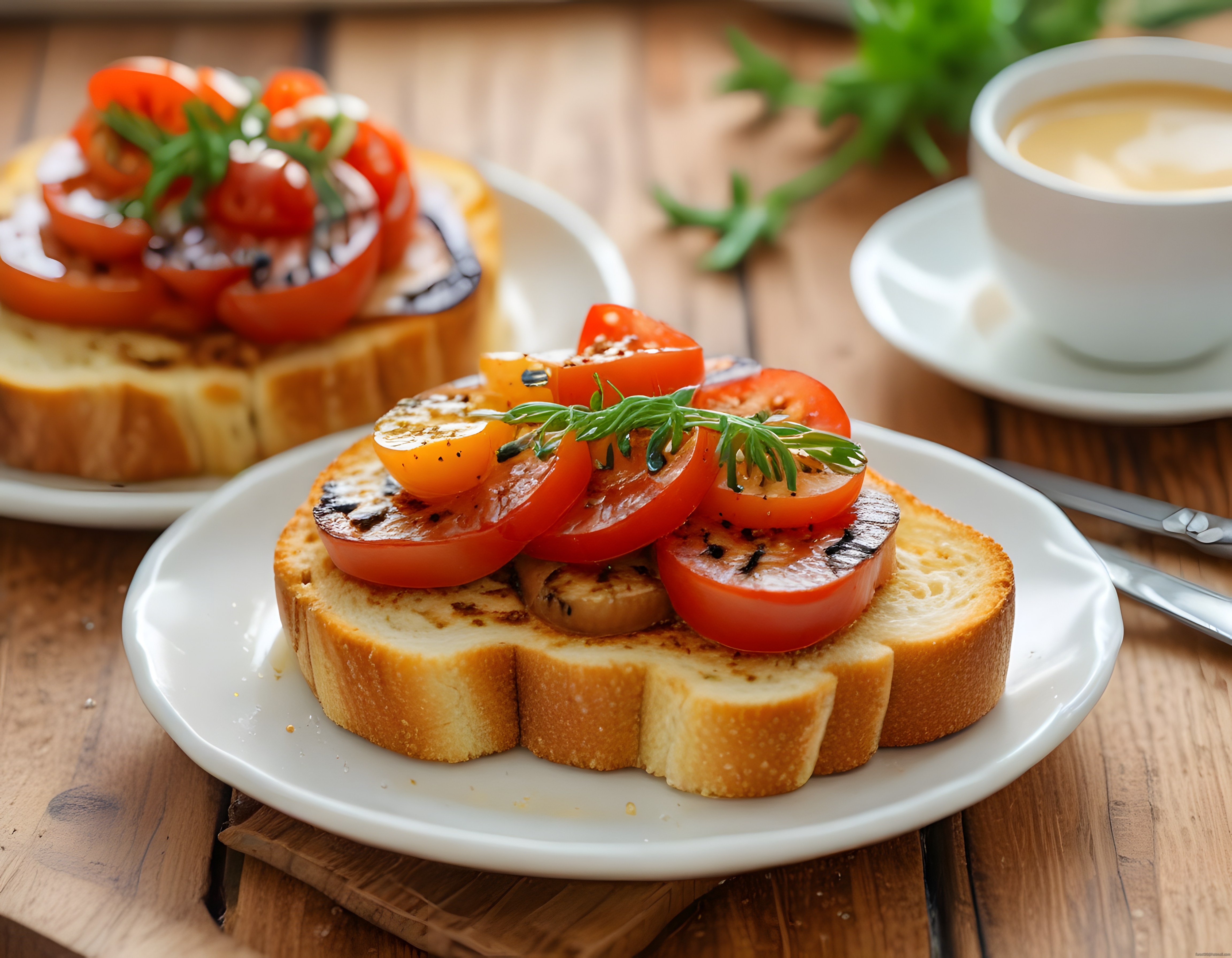 Rustik Ahşap Masada Taze Domatesli Bruschetta ve Sıcak Kahve Sunumu