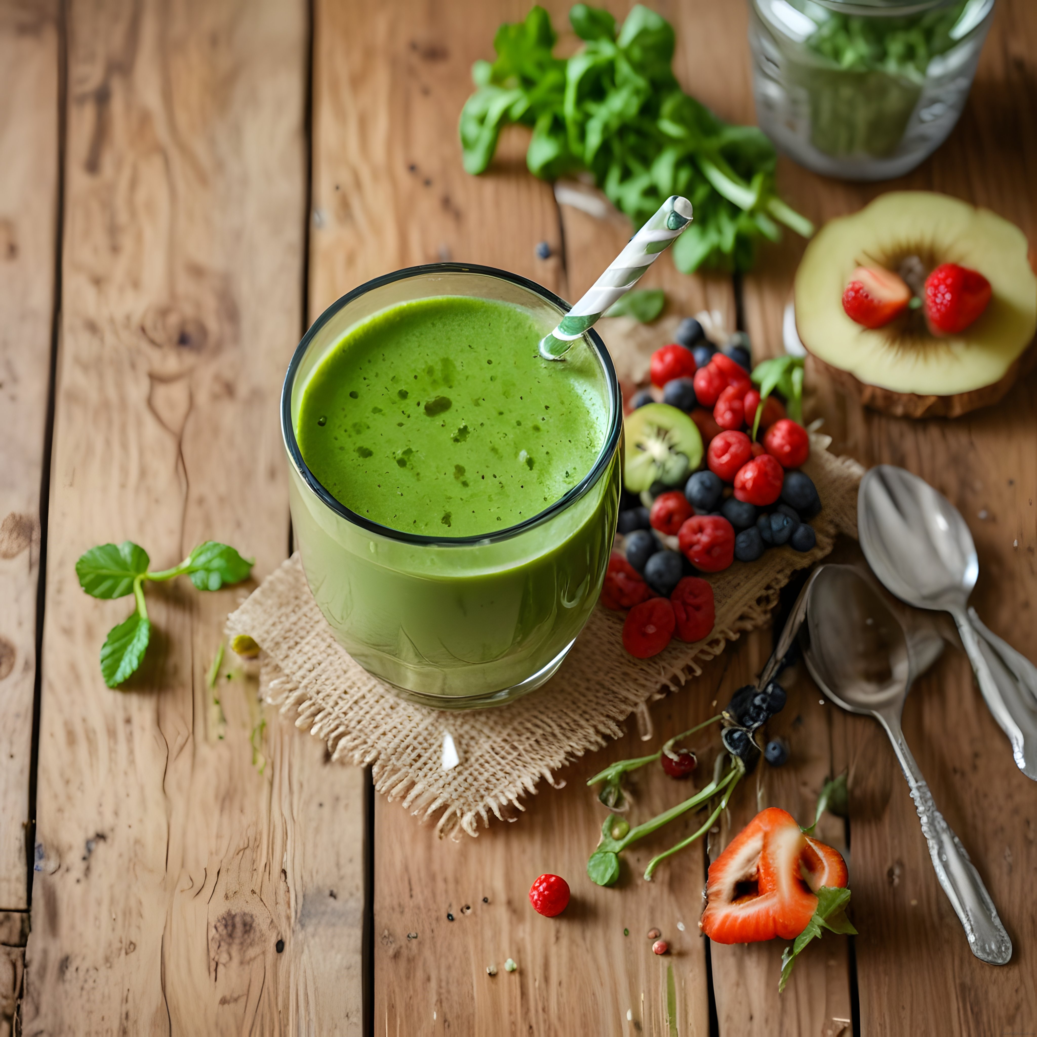 Rustik Ahşap Masada Taze Meyveli Ispanaklı Yeşil Smoothie Sunumu ve Tarif
