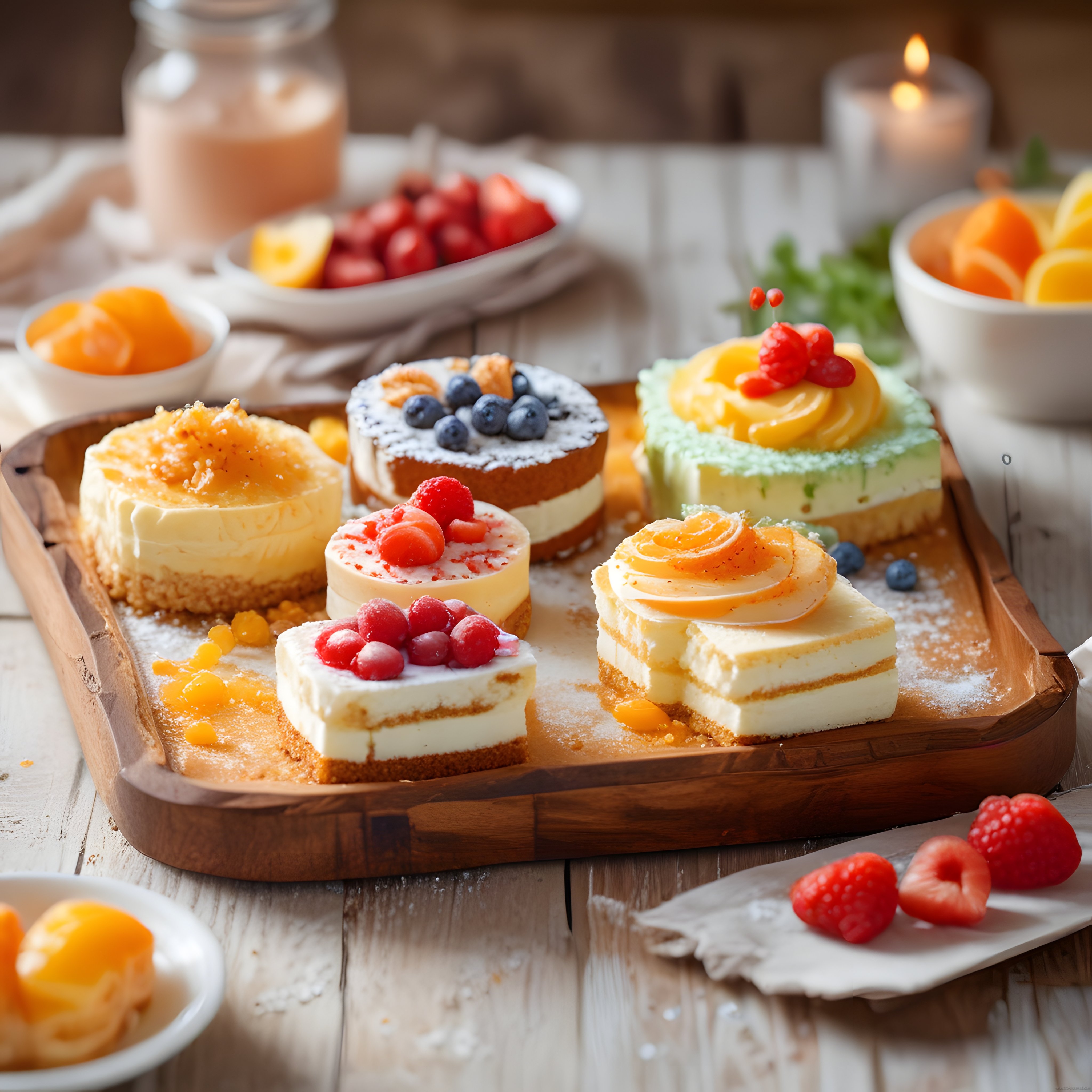 Rustik Ahşap Masada Taze Meyveli Mini Pasta ve Cheesecake Çeşitleri Sunumu