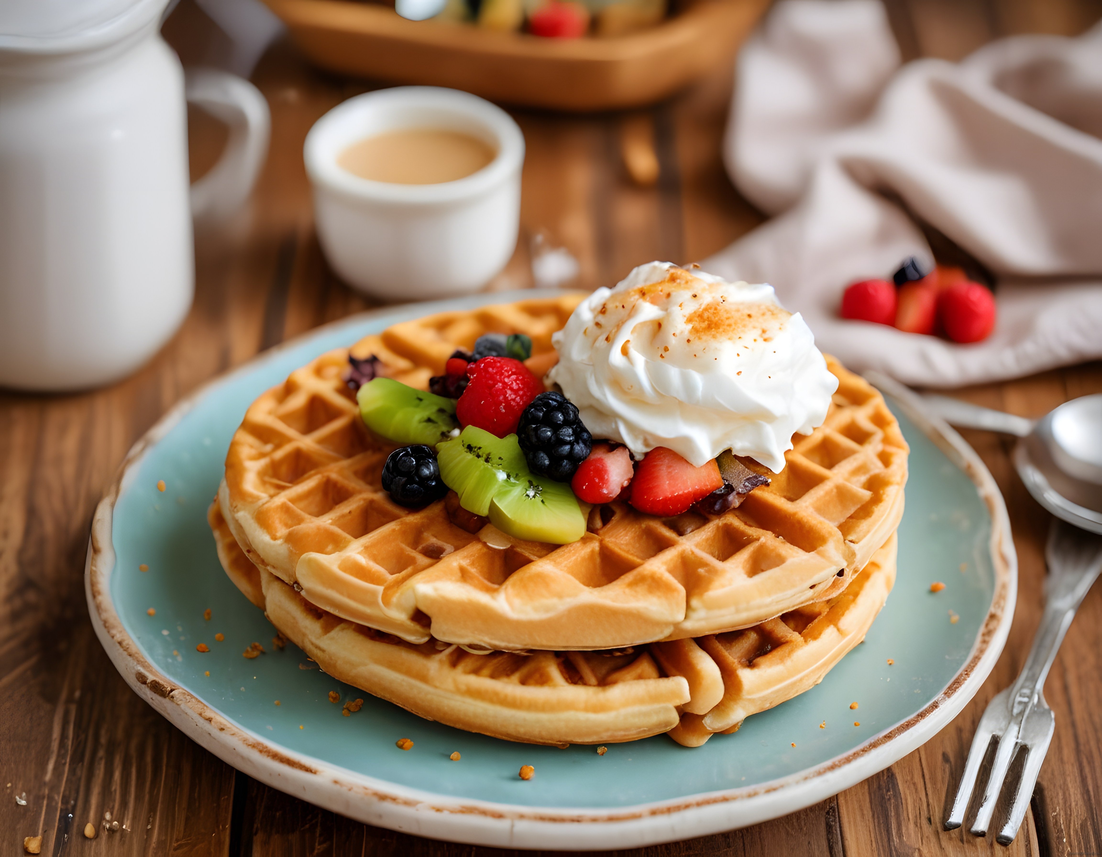 Rustik ahşap masada taze meyveli ve kremalı waffle kahvaltı sunumu