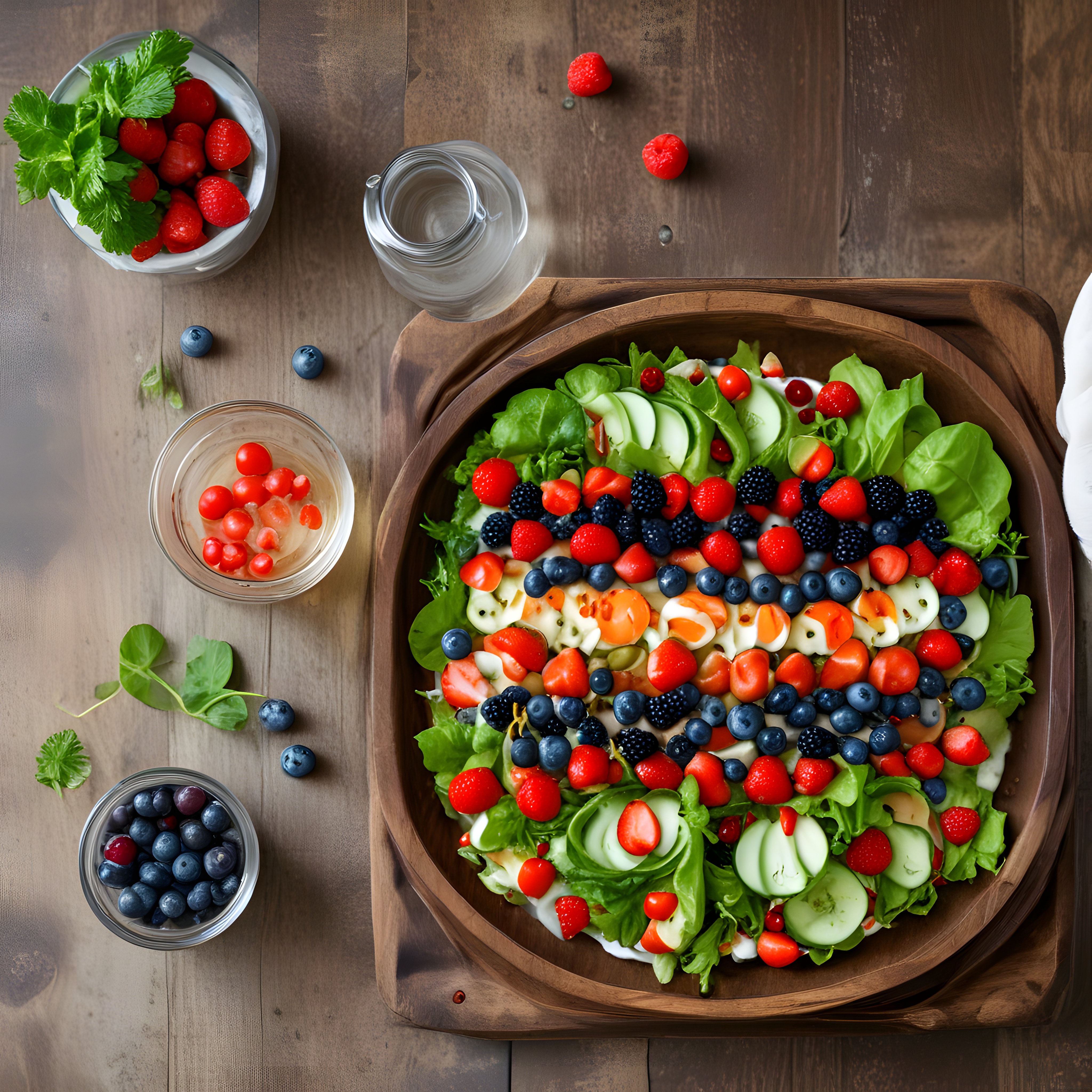 Rustik Ahşap Masada Taze Meyveli ve Yeşillikli Sağlıklı Salata Sunumu