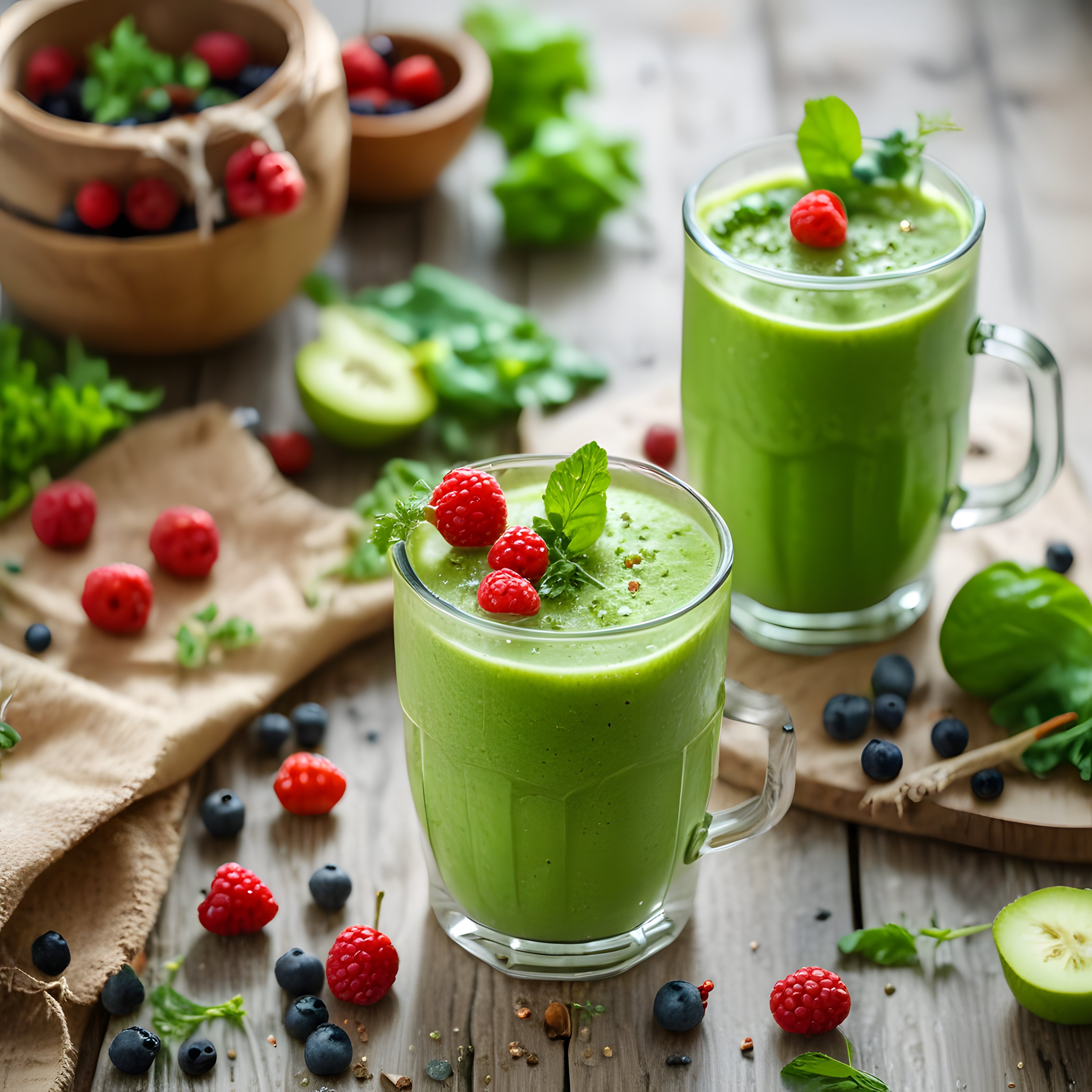 Rustik Ahşap Masada Taze Meyveli Yeşil Detoks Smoothie Sunumu