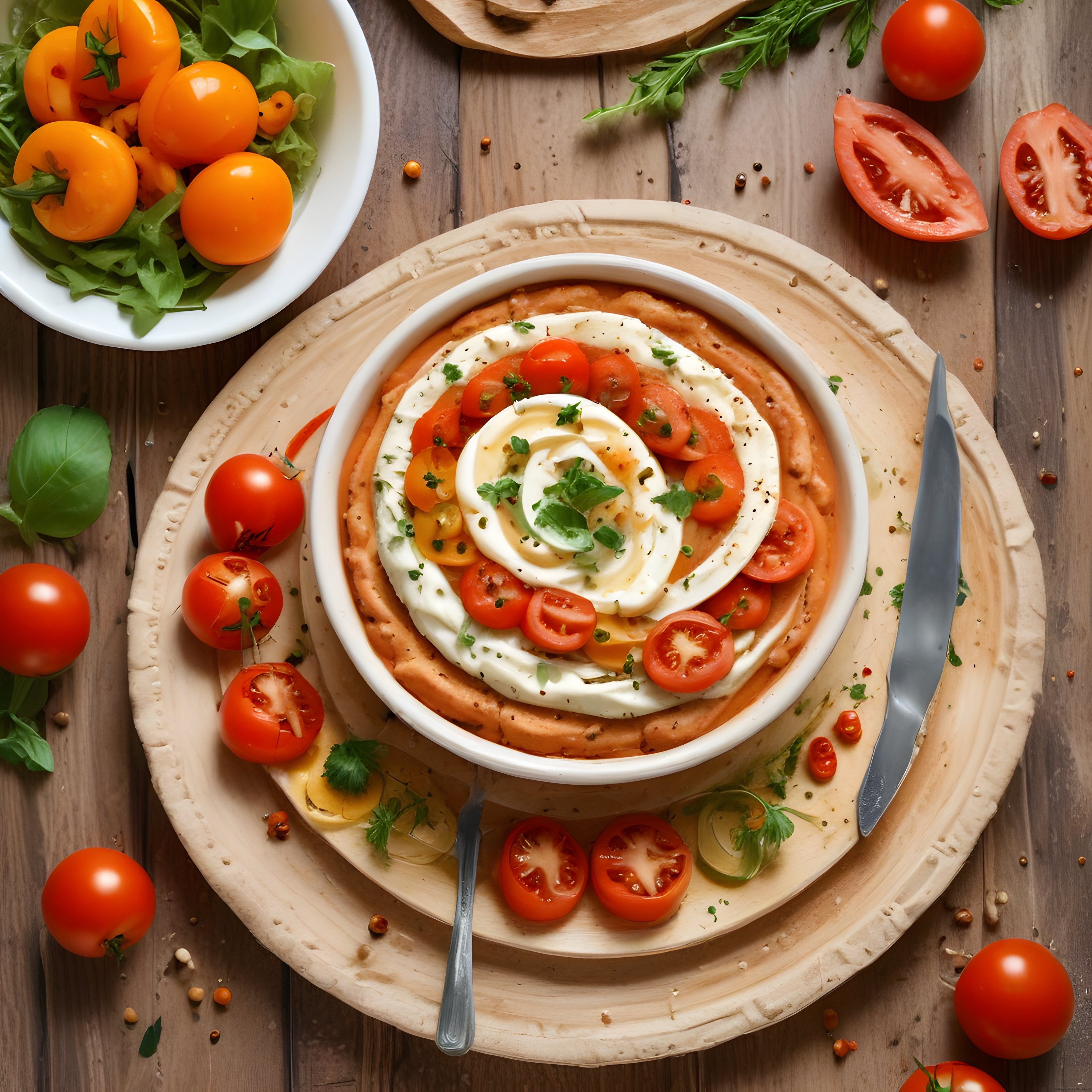 Rustik Ahşap Masada Taze Mozzarella ve Domatesli Şık Brunch Tabağı