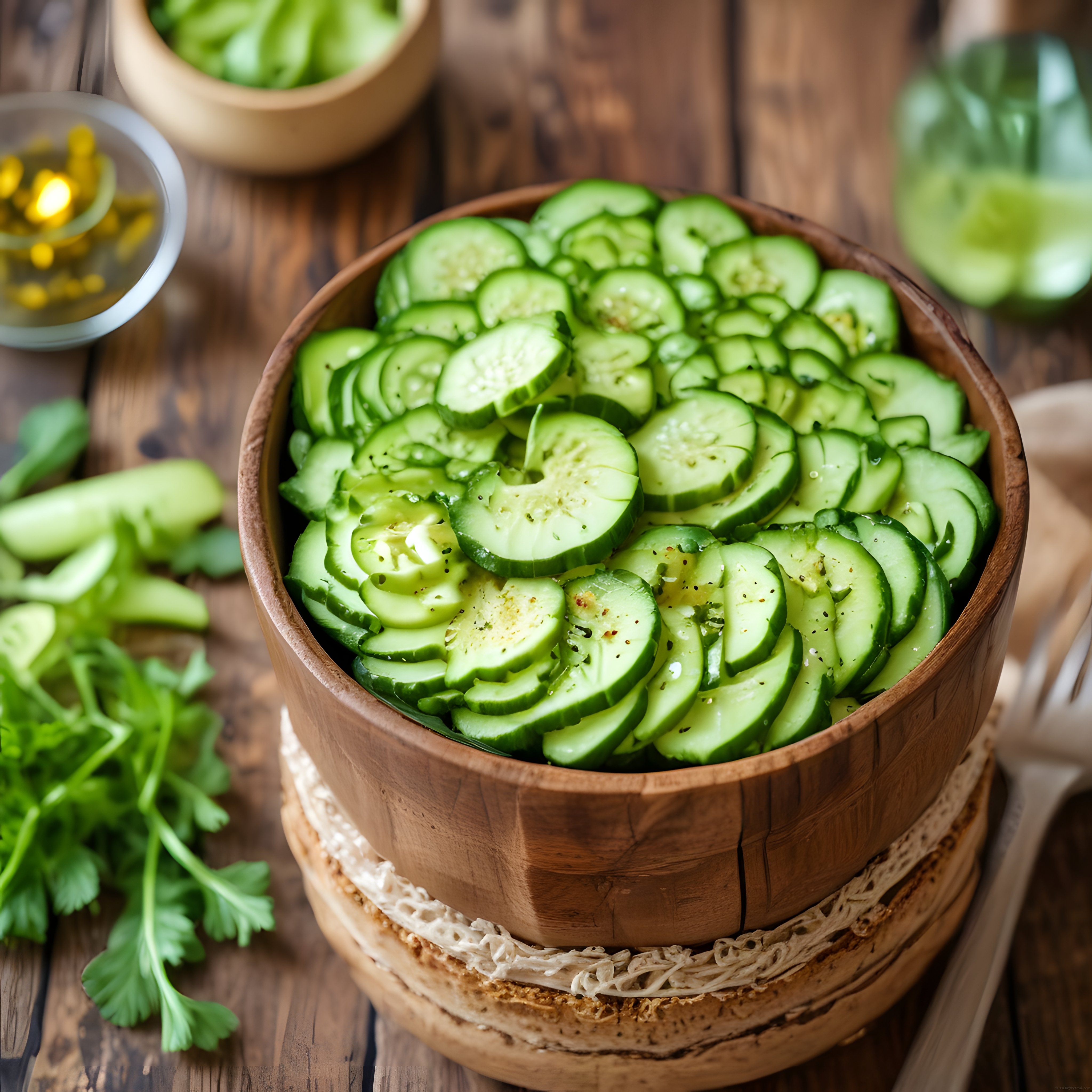 Rustik Ahşap Masada Taze Salatalık Dilimleri ile Besleyici Salata Hazırlığı