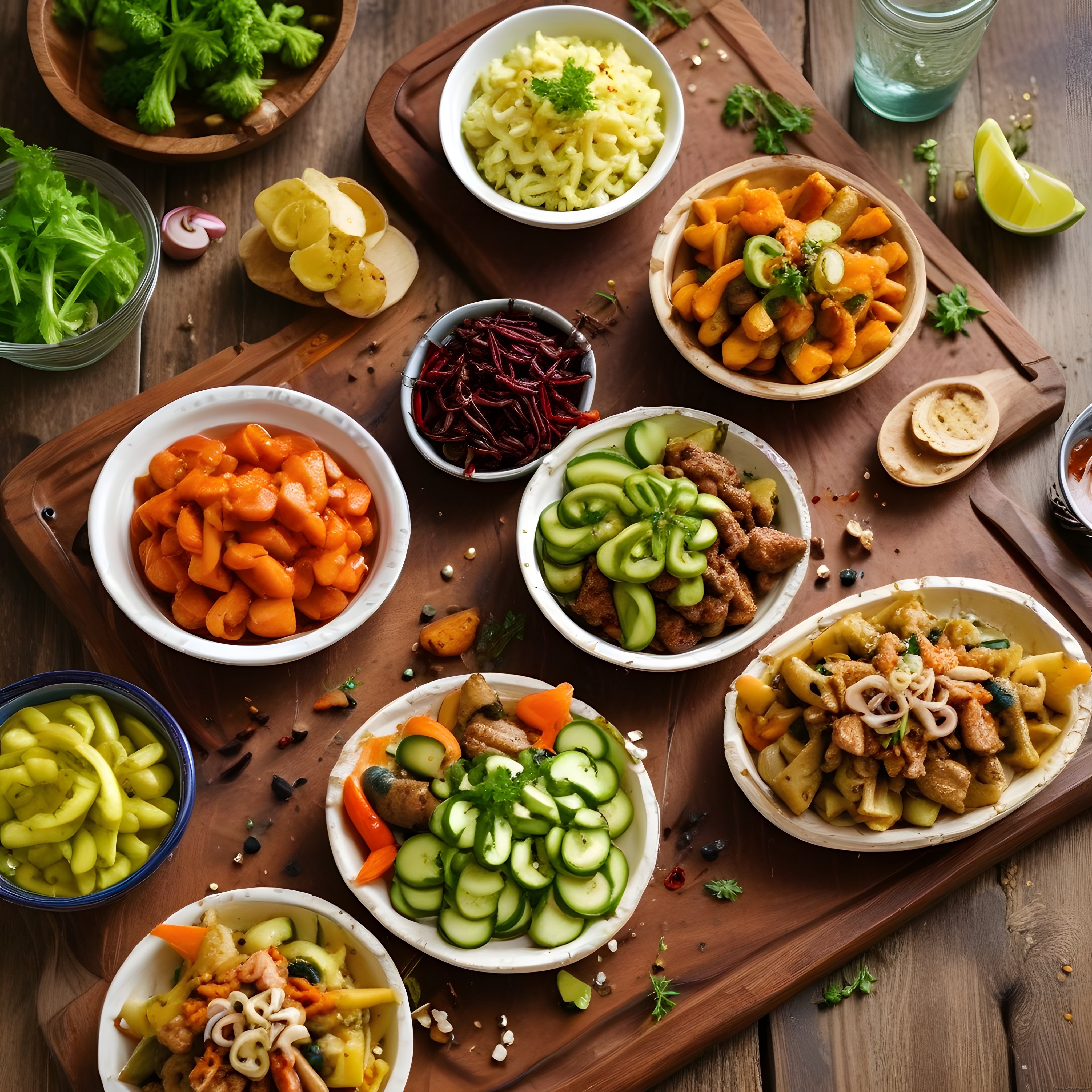 Rustik Ahşap Masada Taze Sebzelerden Hazırlanmış Meze ve Salata Kasesi