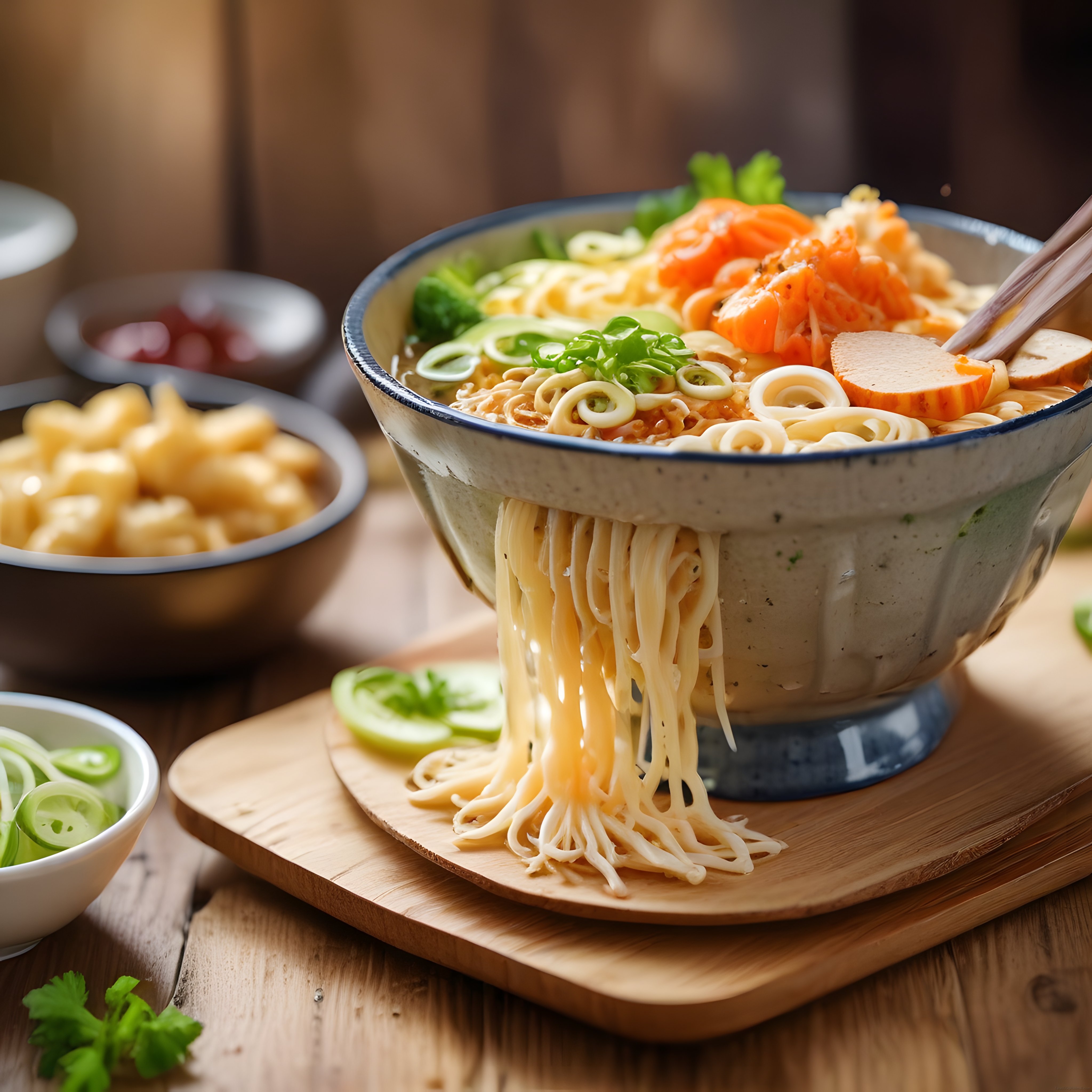 Rustik Ahşap Masada Taze Sebzelerle Süslenmiş Sıcacık Ramen Kasesi