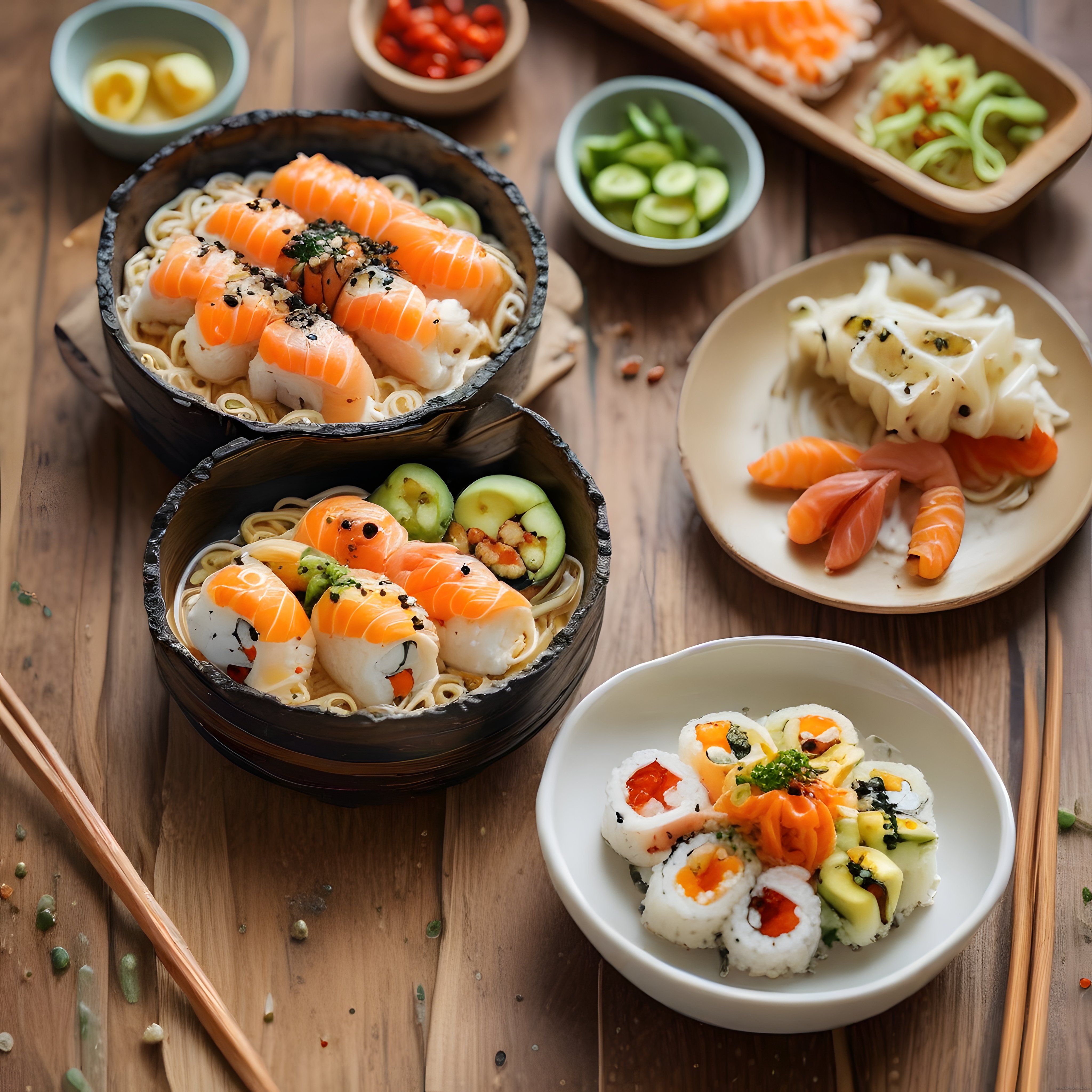Rustik Ahşap Masada Taze Somonlu Sushi ve Noodle Sunumu