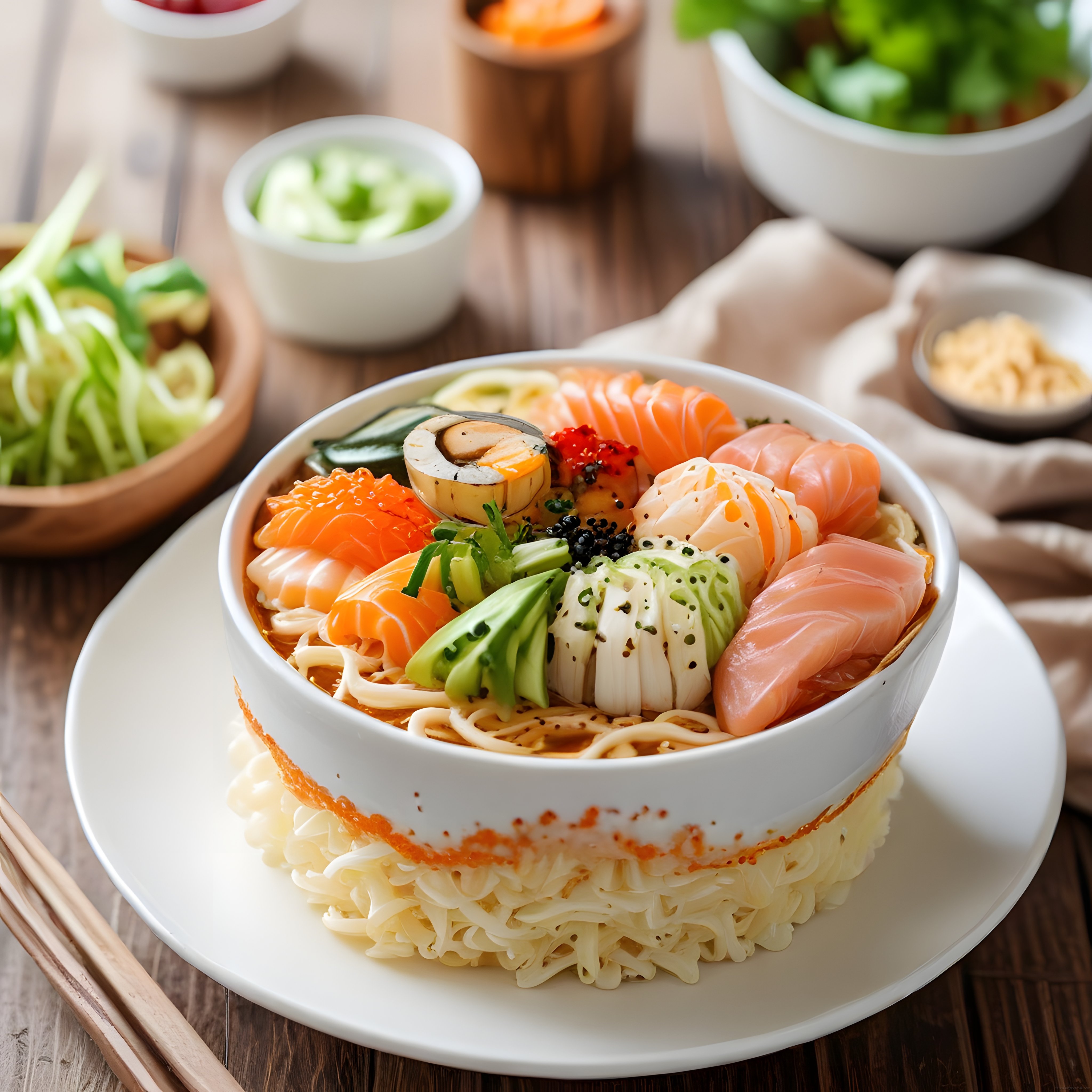 Rustik Ahşap Masada Taze Somonlu ve Avokadolu Japon Noodle Kase Sunumu