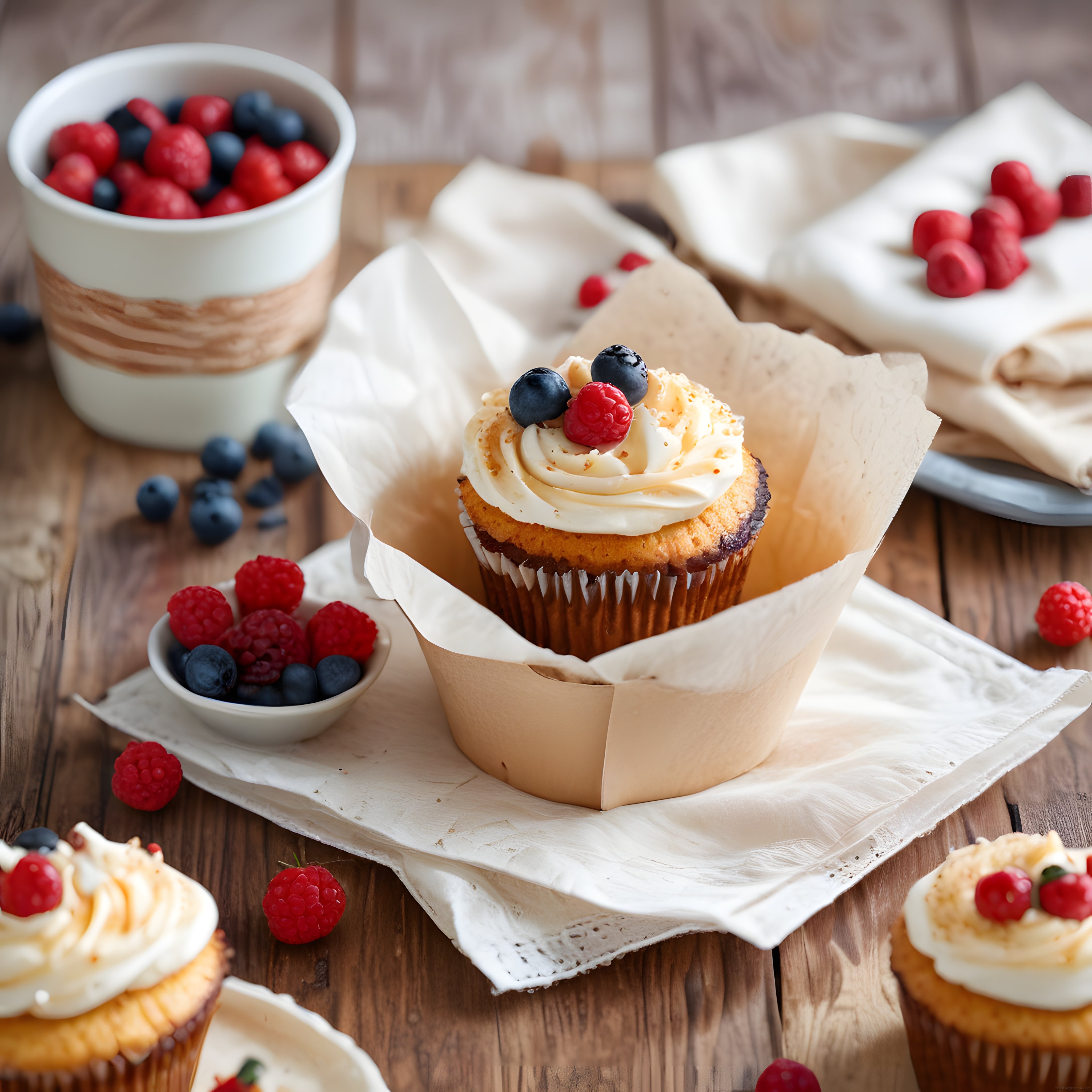 Rustik Ahşap Masada Taze Yaban Mersinli ve Kremalı Cupcake Sunumu