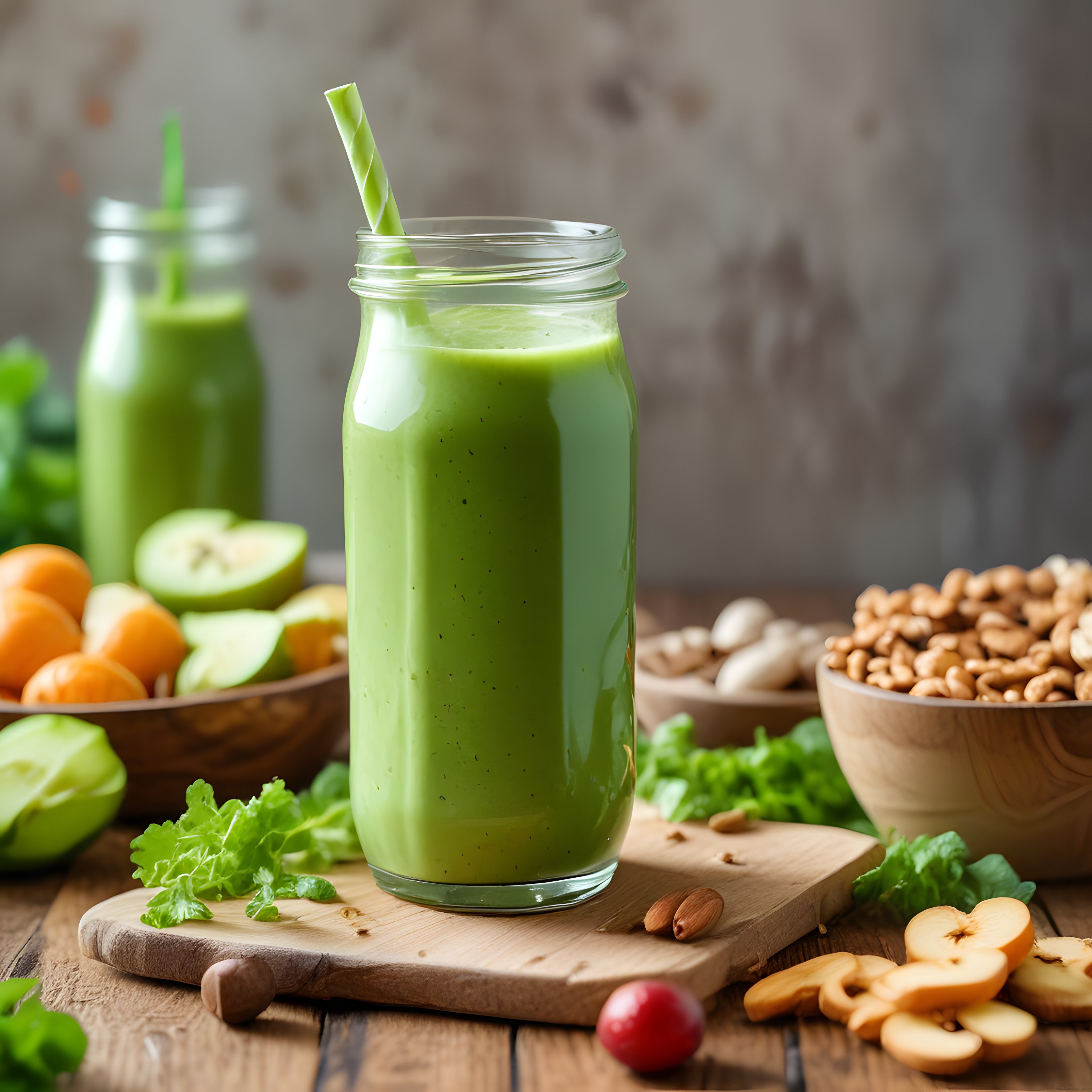 Rustik Ahşap Masada Taze Yeşil Detoks Smoothie ve Doğal Malzemeler