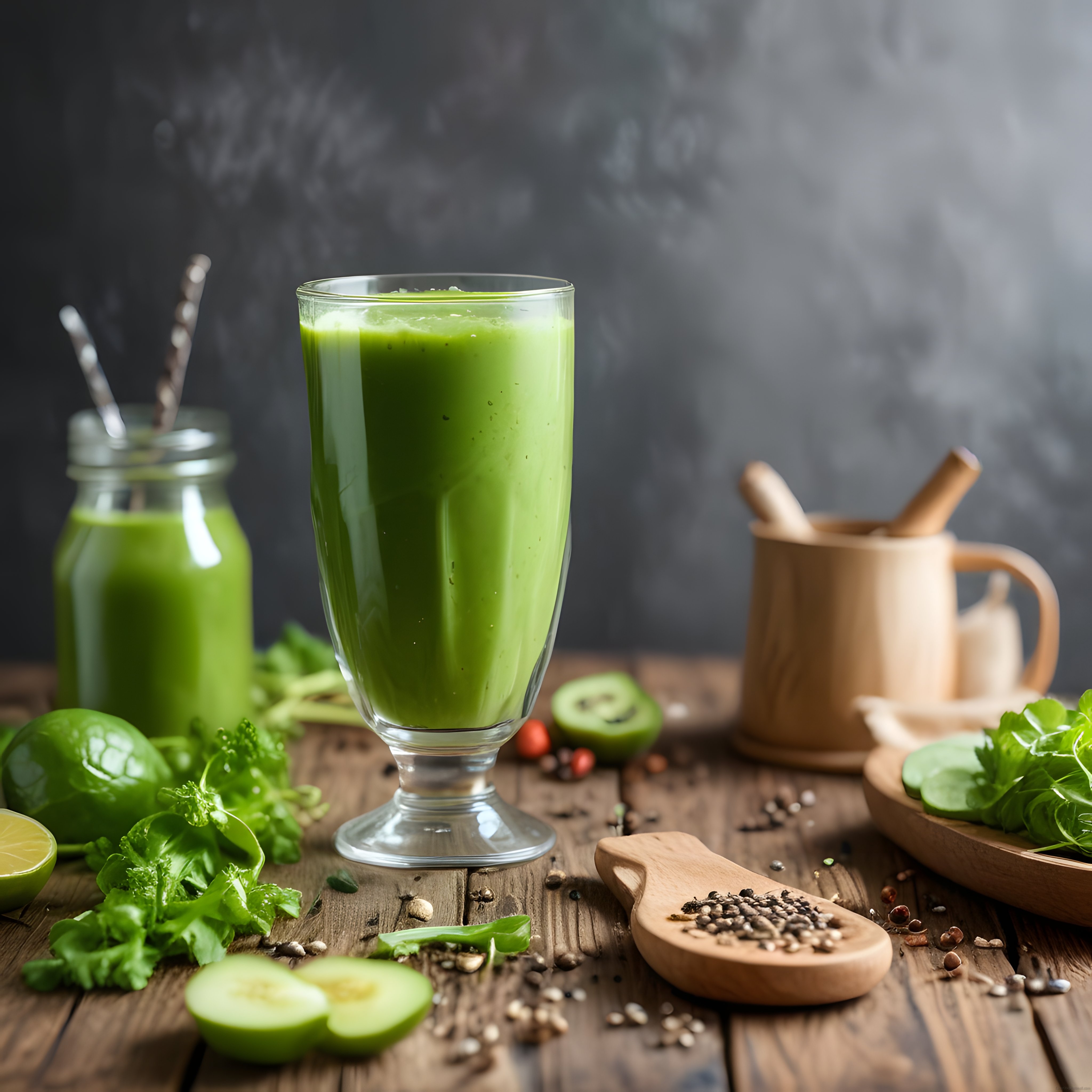 Rustik Ahşap Masada Taze Yeşil Detoks Smoothie ve Doğal Malzemeler