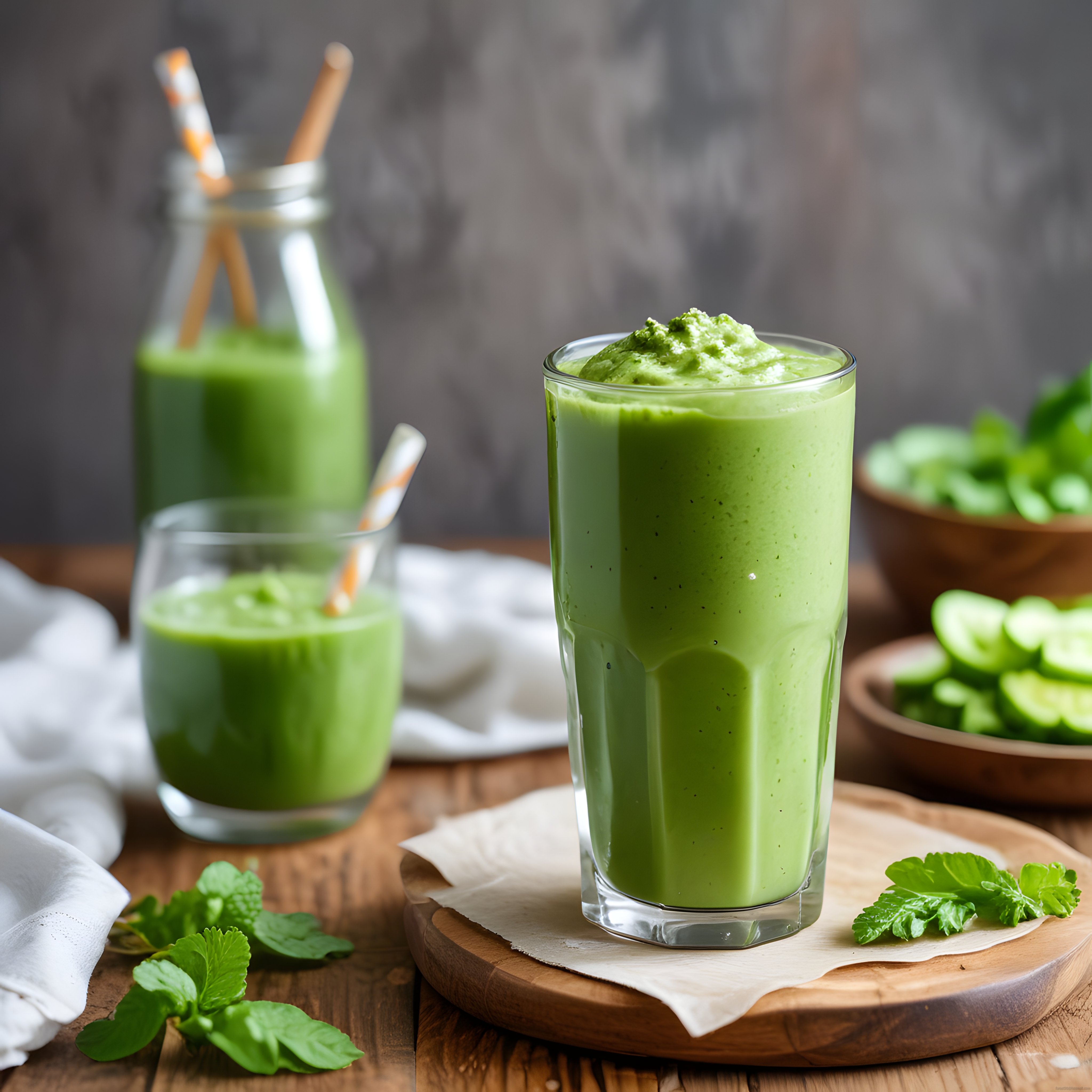 Rustik Ahşap Masada Taze Yeşil Smoothie ve Doğal Malzemelerle Sağlıklı İçecek