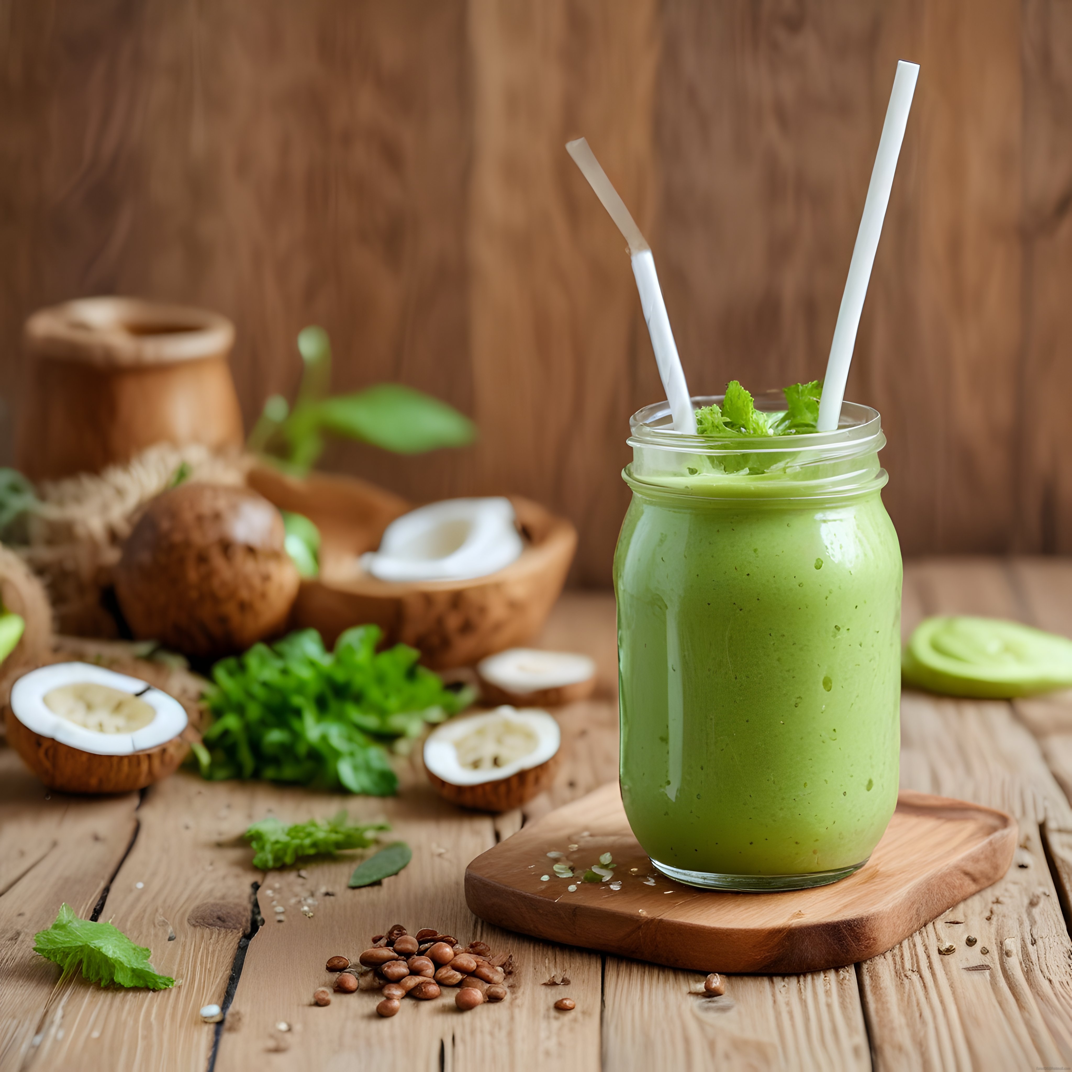 Rustik Ahşap Masada Taze Yeşil Smoothie ve Hindistan Cevizli İçecek