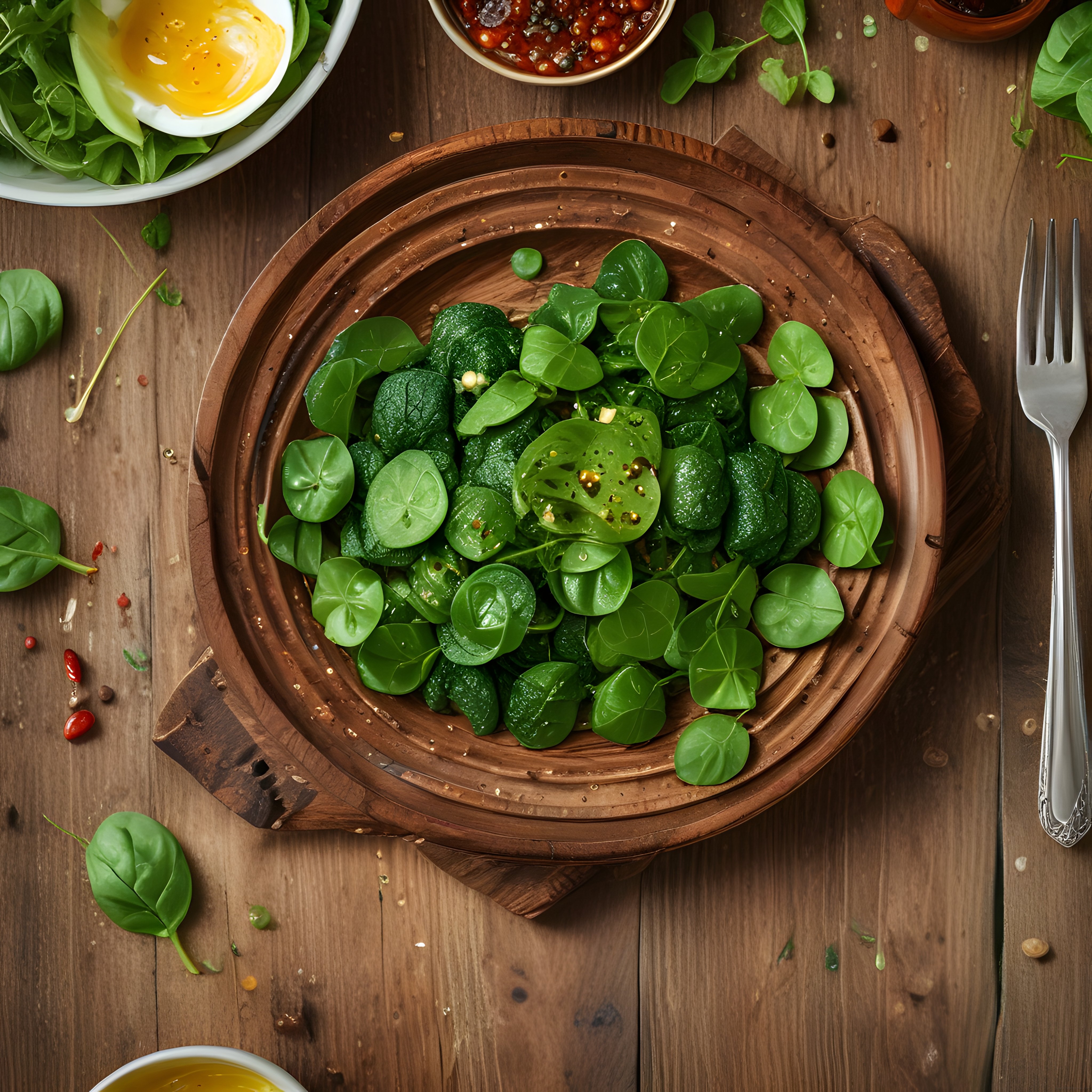 Rustik Ahşap Masada Taze Yeşillik Salata ve Organik Soslarla Sağlıklı Sunum