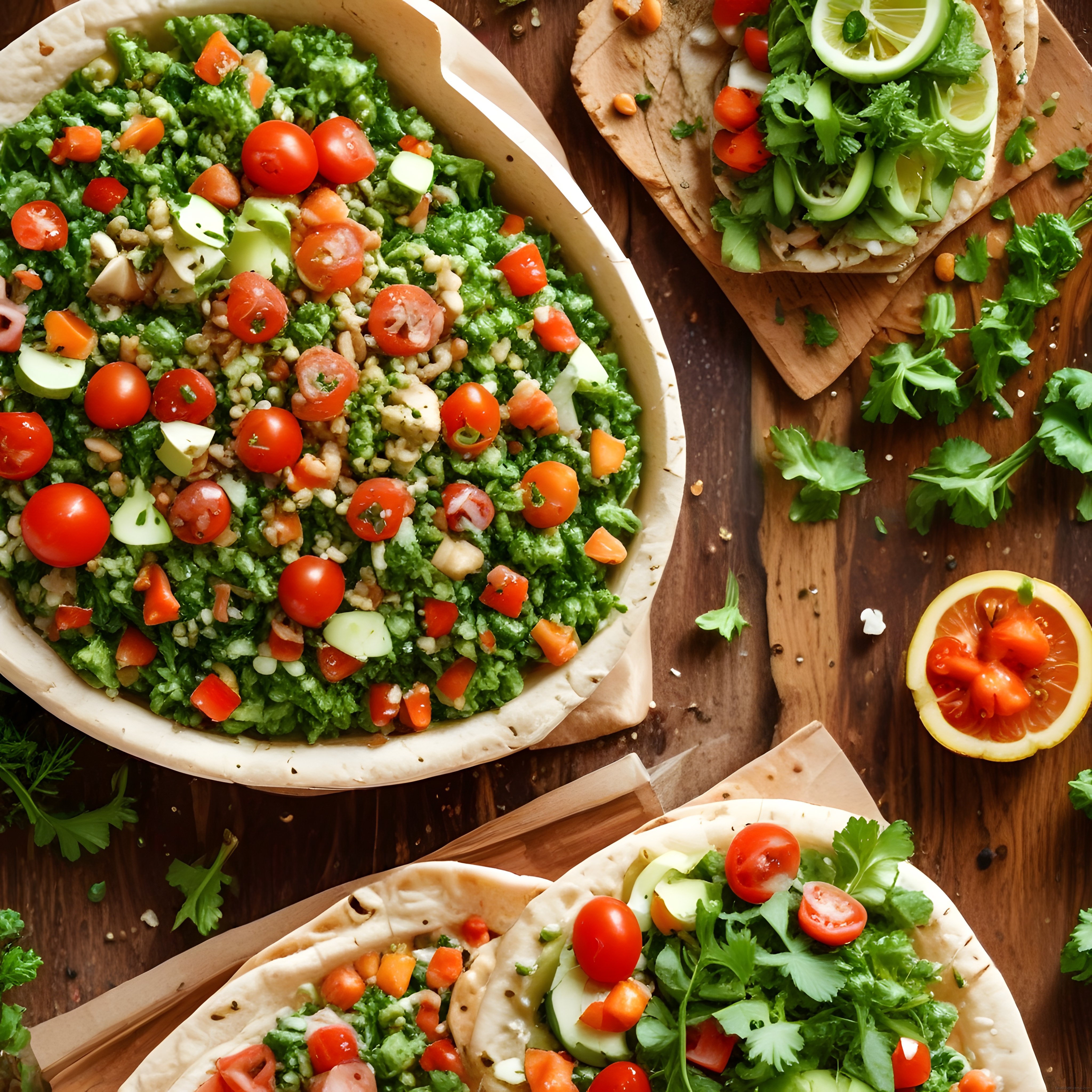 Rustik Ahşap Masada Taze Yeşillikli Tabbule Salatası ve Lavaş Sunumu