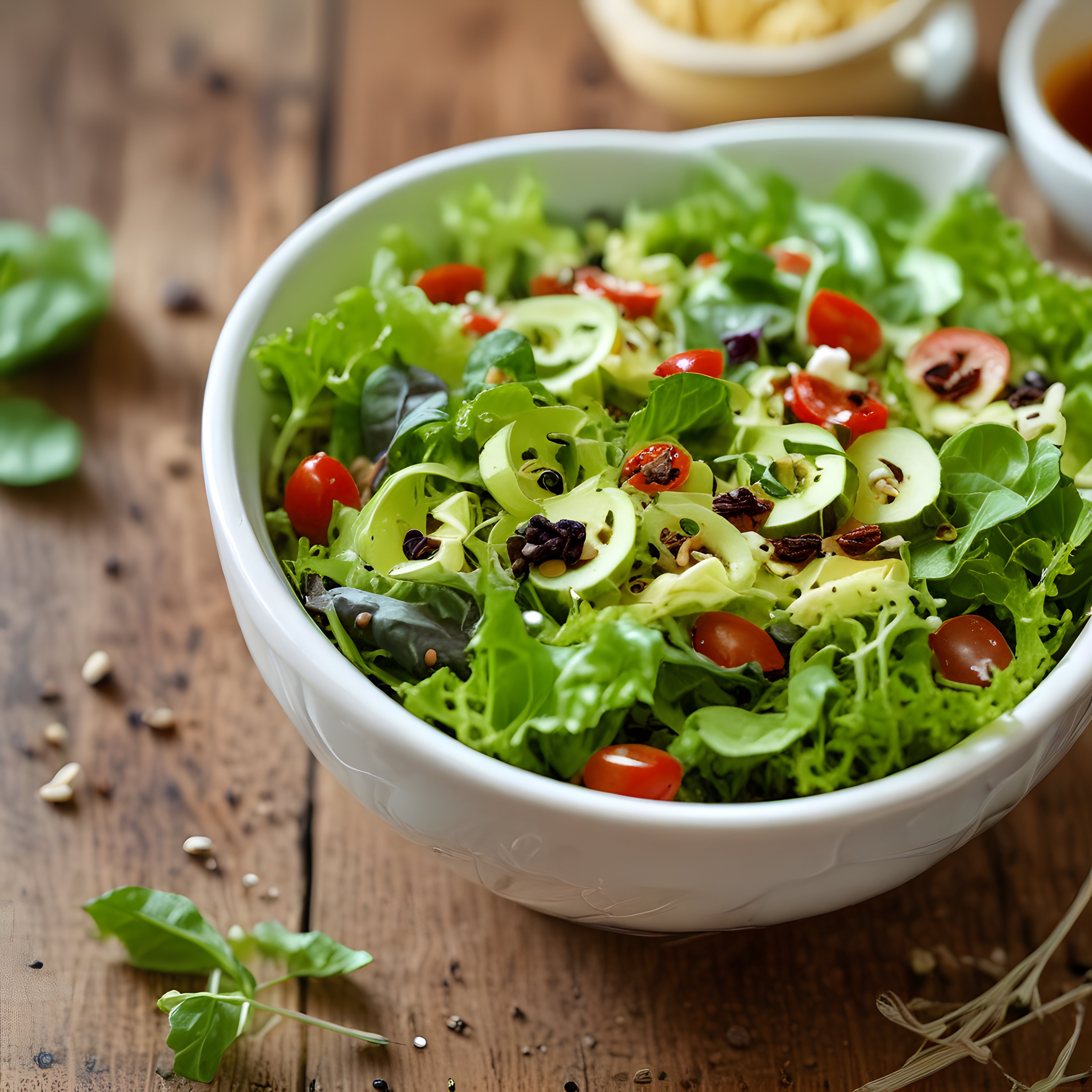 Rustik Ahşap Masada Taze Yeşillikli ve Domatesli Sağlıklı Salata Kasesi