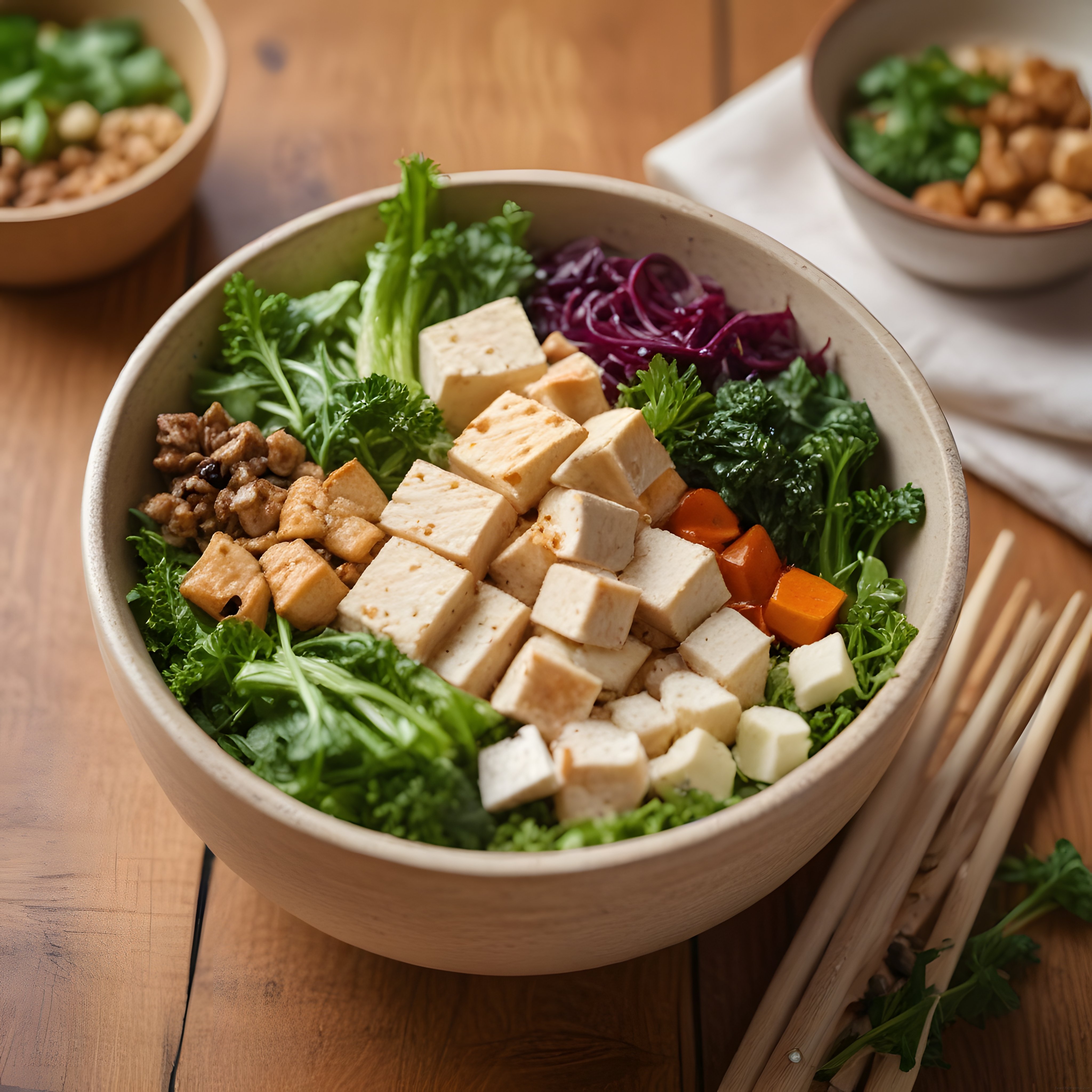 Rustik Ahşap Masada Tofu ve Yeşilliklerle Hazırlanan Vegan Kase