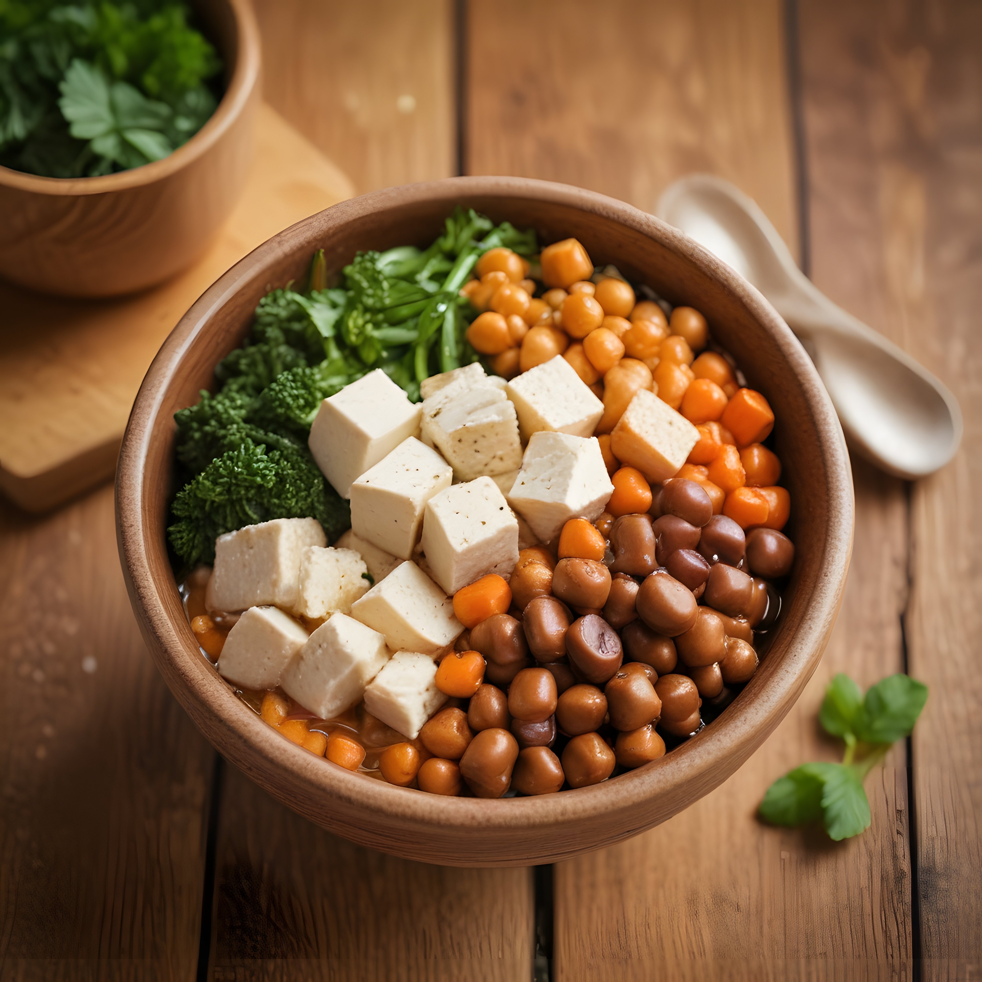 Rustik Ahşap Masada Tofulu Nohutlu Vegan Buddha Bowl Detay Çekimi