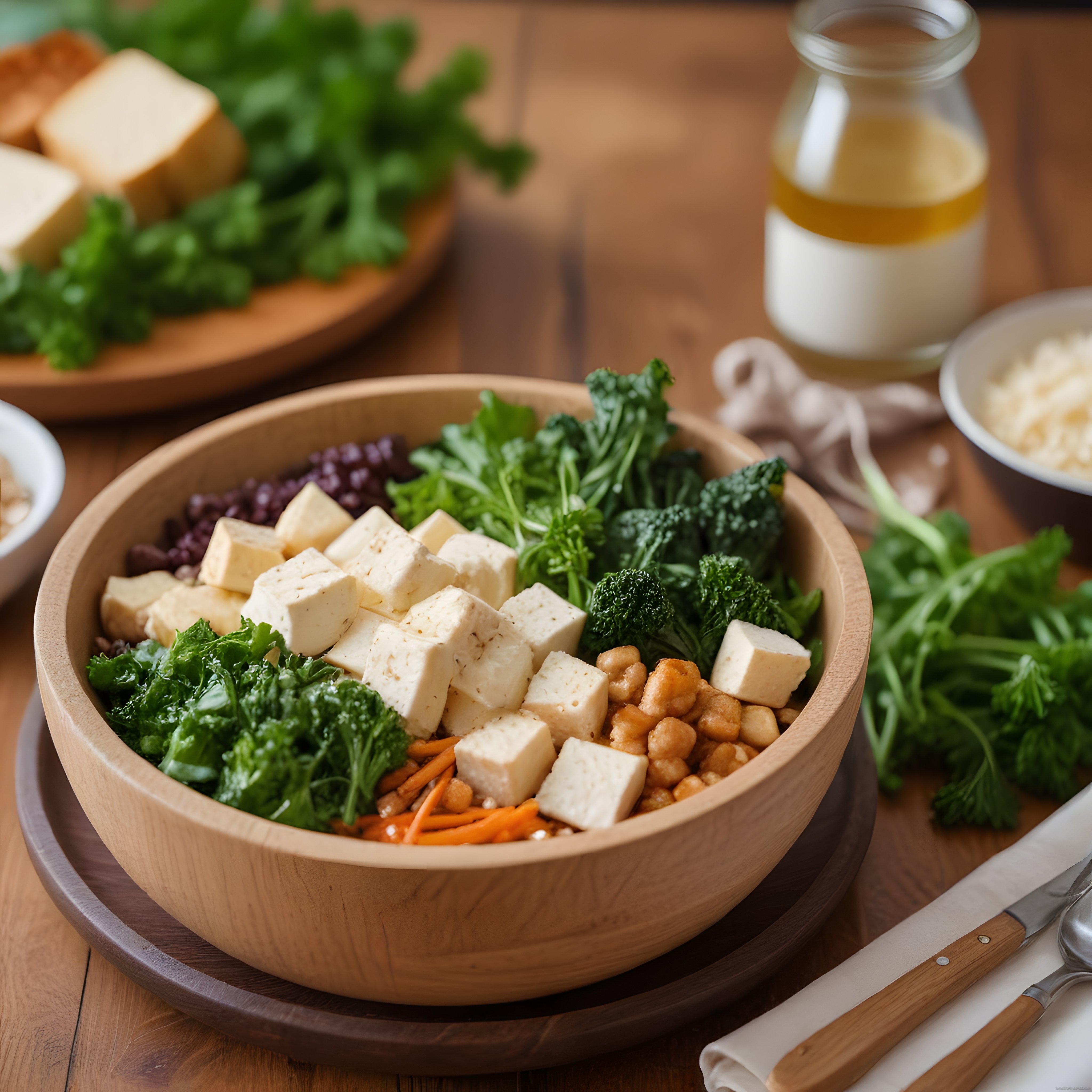 Rustik Ahşap Masada Tofulu ve Yeşil Sebzeli Sağlıklı Vegan Kase