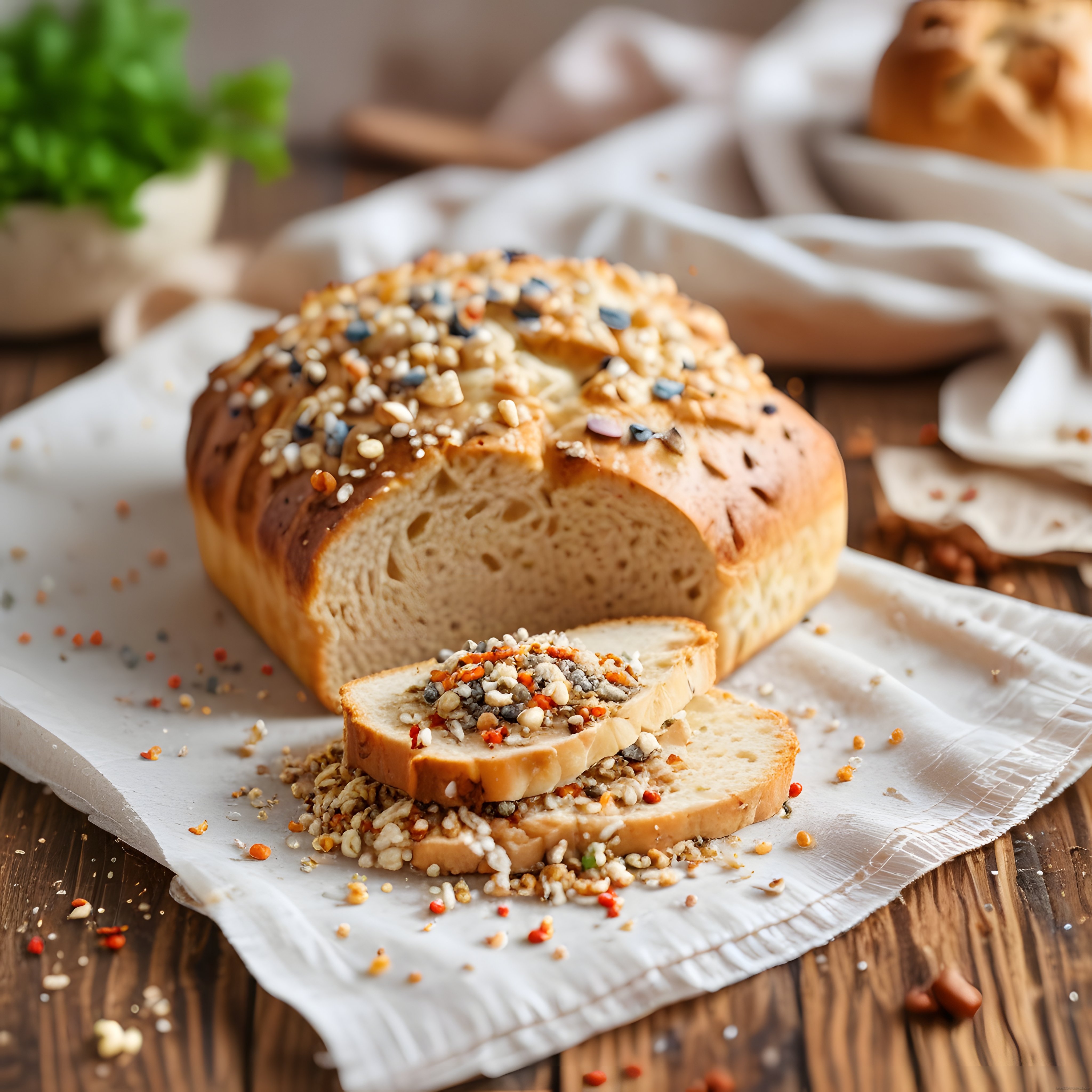 Rustik Ahşap Masada Tohum ve Tahıl ile Süslenmiş Ev Yapımı Ekmek