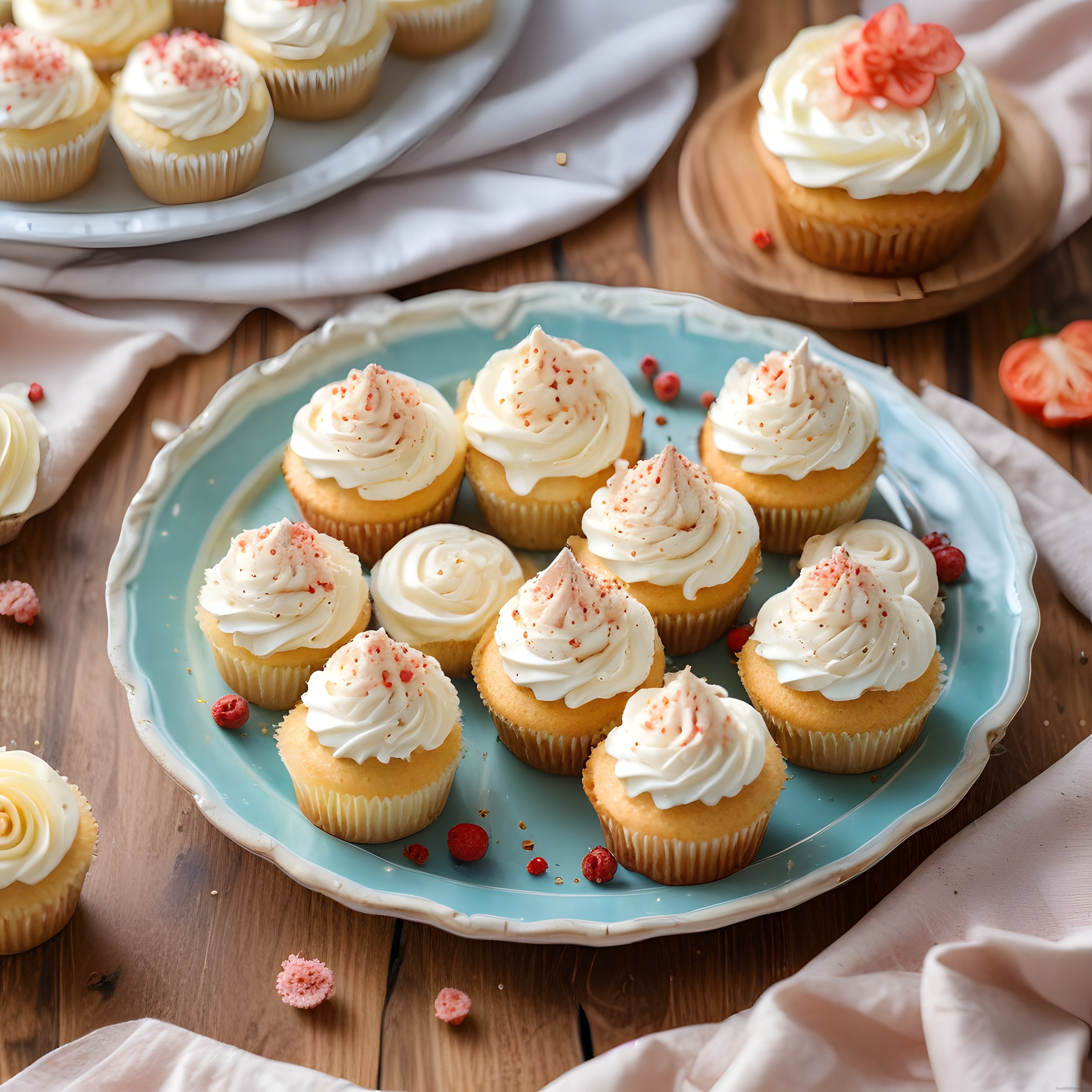Rustik Ahşap Masada Turkuaz Tepside Kremalı Meyveli Cupcake'ler