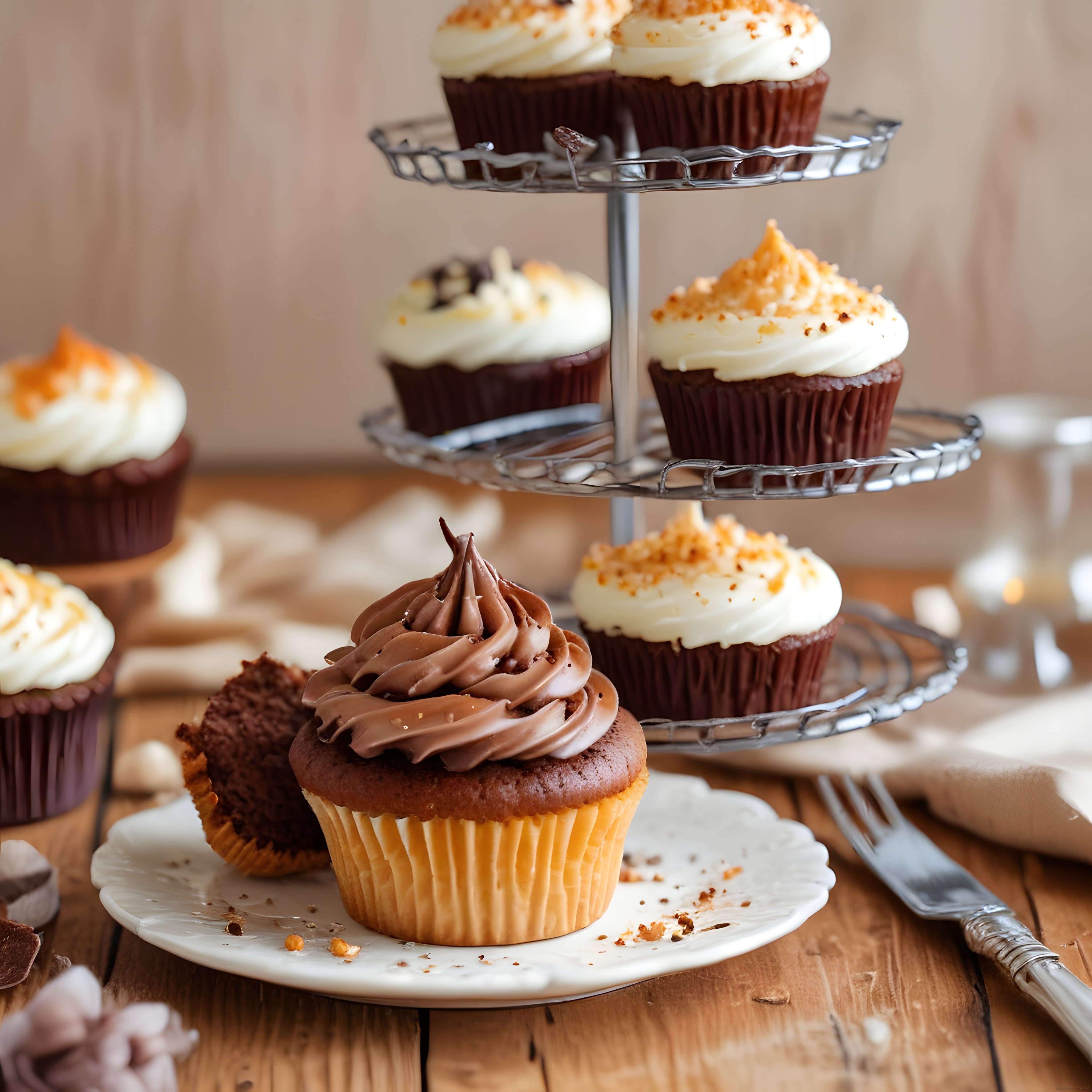 Rustik Ahşap Masada Üç Katlı Stand ile Çikolatalı ve Kremalı Cupcake Sunumu