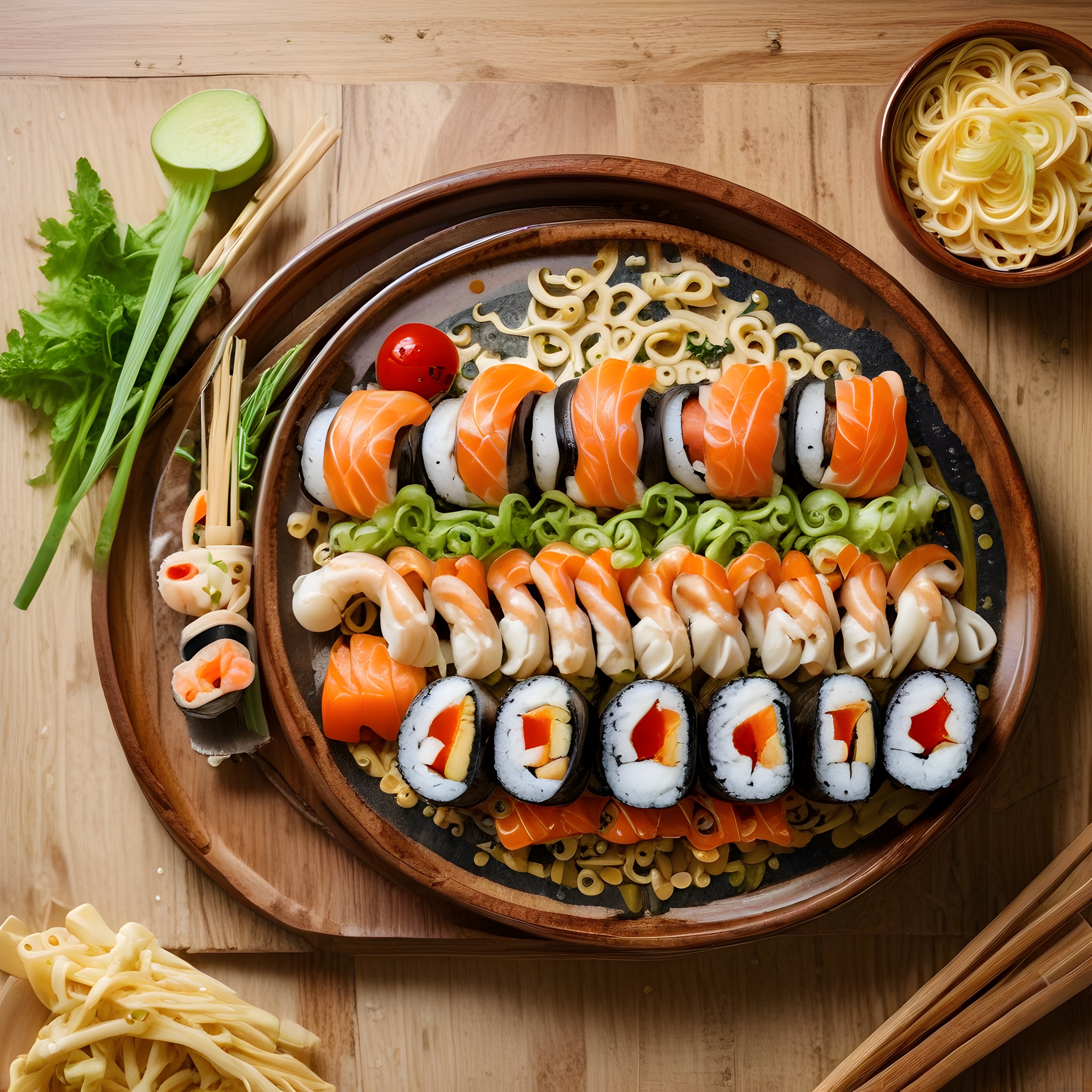 Rustik Ahşap Masada Ustaca Hazırlanmış Sushi ve Makarna Tabağı