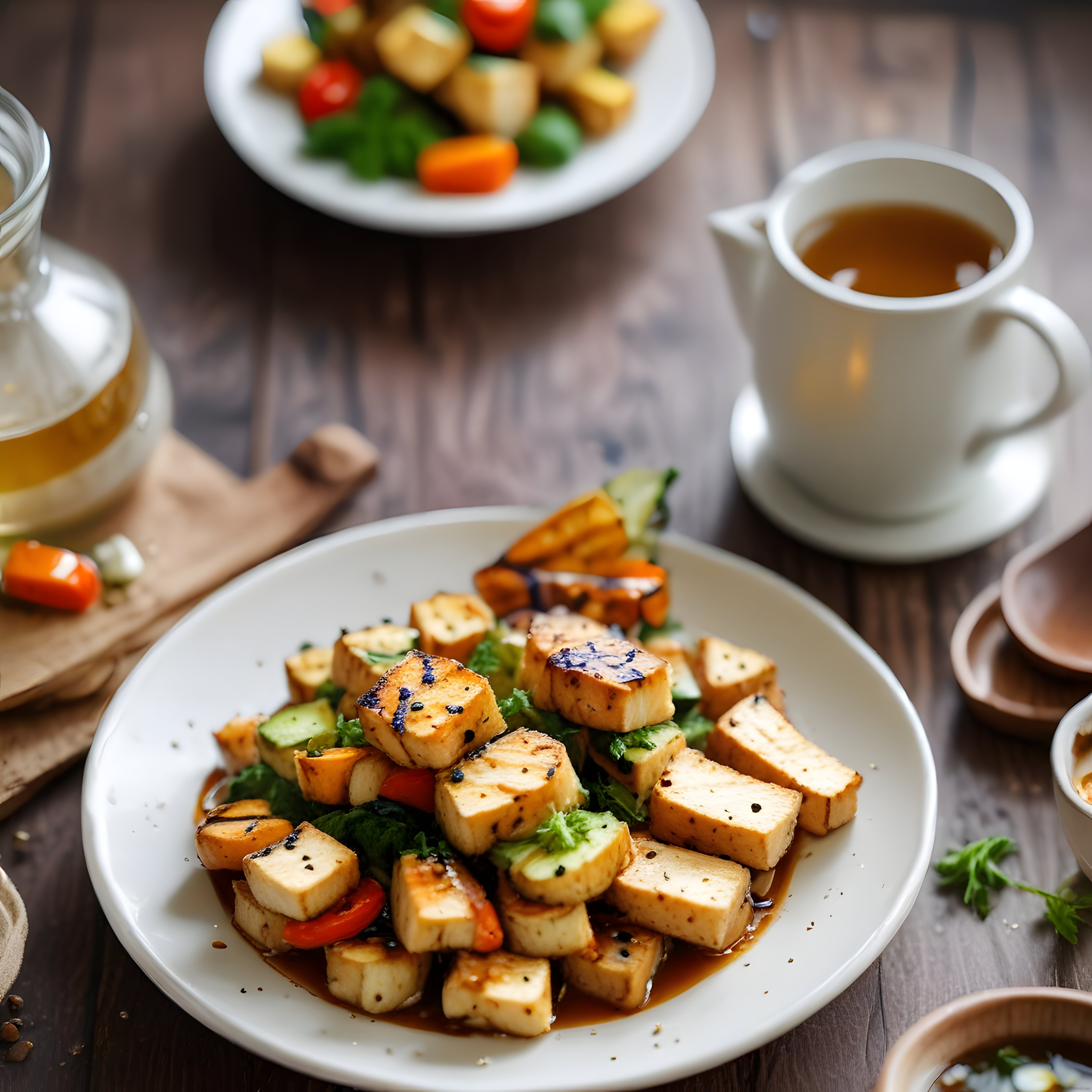 Rustik Ahşap Masada Vegan Tofu Salatası ve Serinletici Soğuk Çay Eşliği