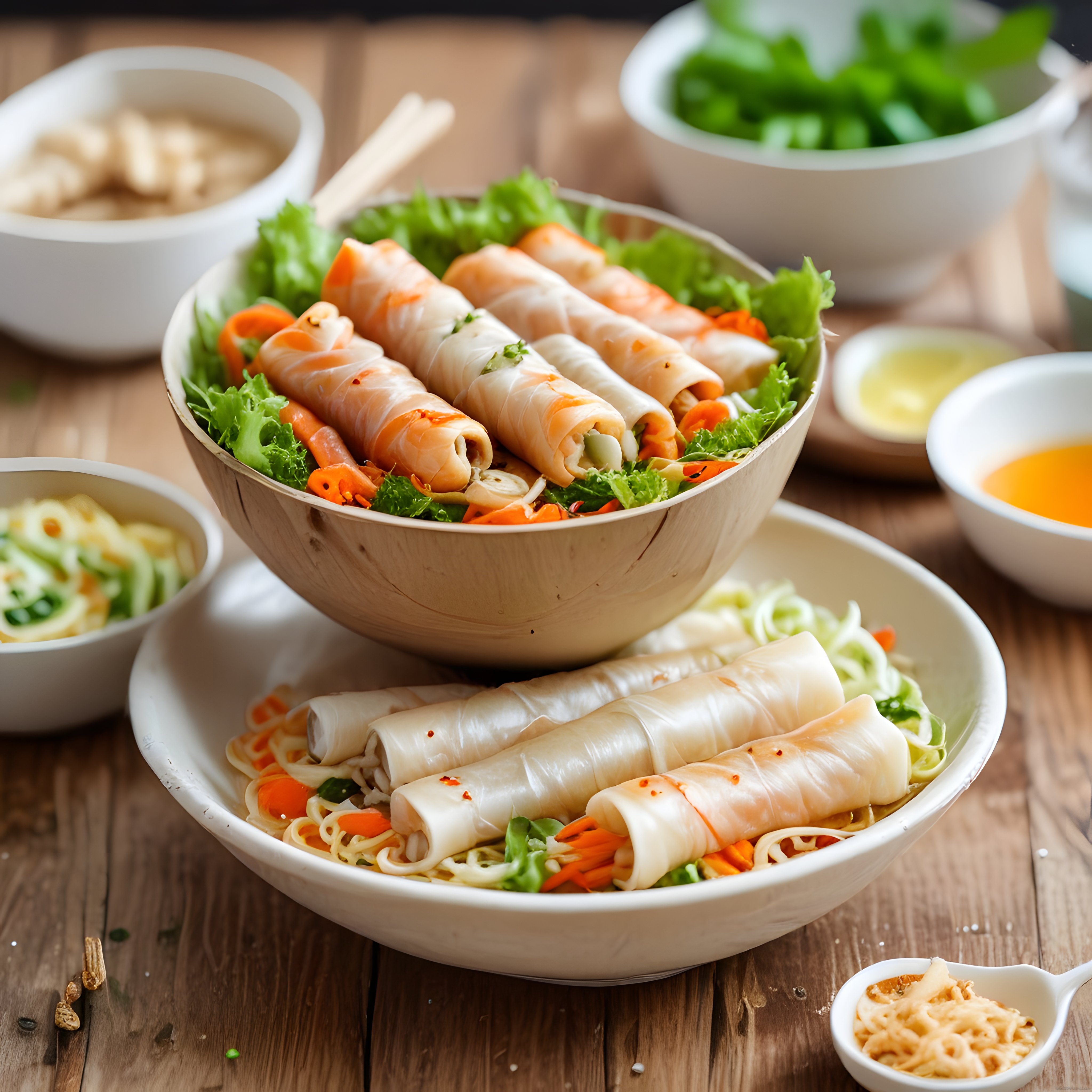 Rustik Ahşap Masada Vietnam Bahar Ruloları ve Taptaze Salata Sosları