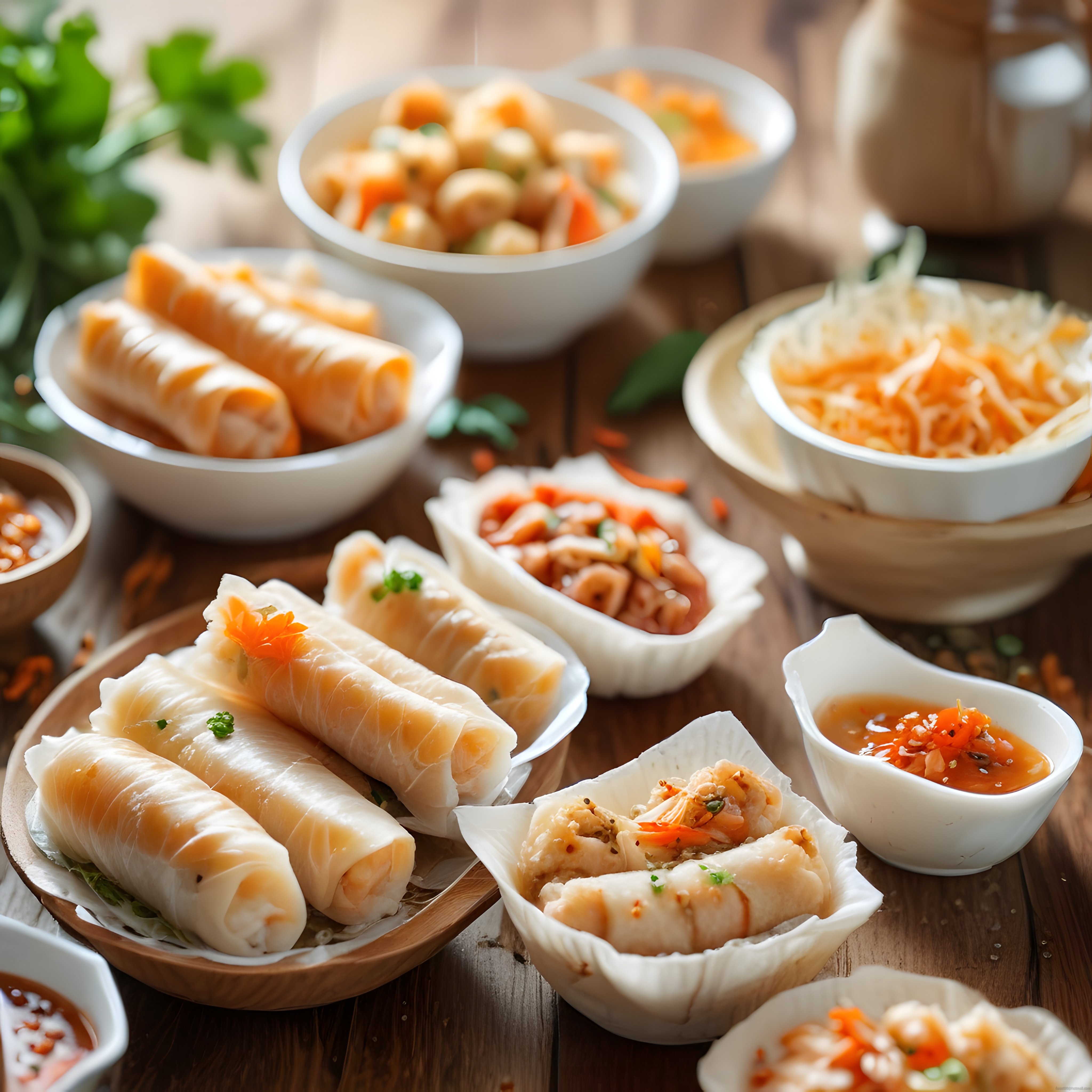 Rustik Ahşap Masada Vietnam Usulü Taze Pirinç Yaprak Sarma ve Soslar