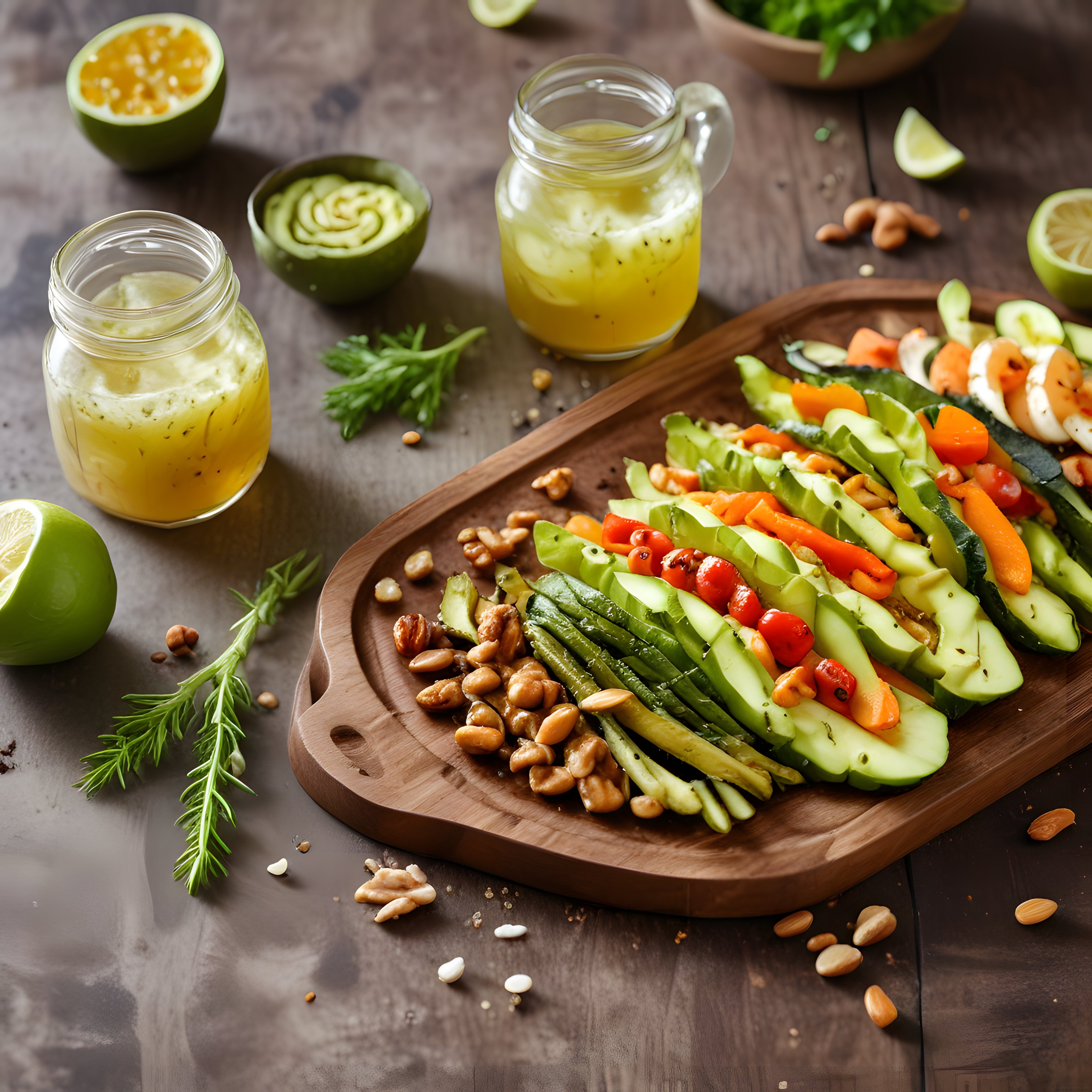 Rustik Ahşap Masada Vitamin Deposu Vegan Sebze Tabağı ve Limonatalı Kavanozlar