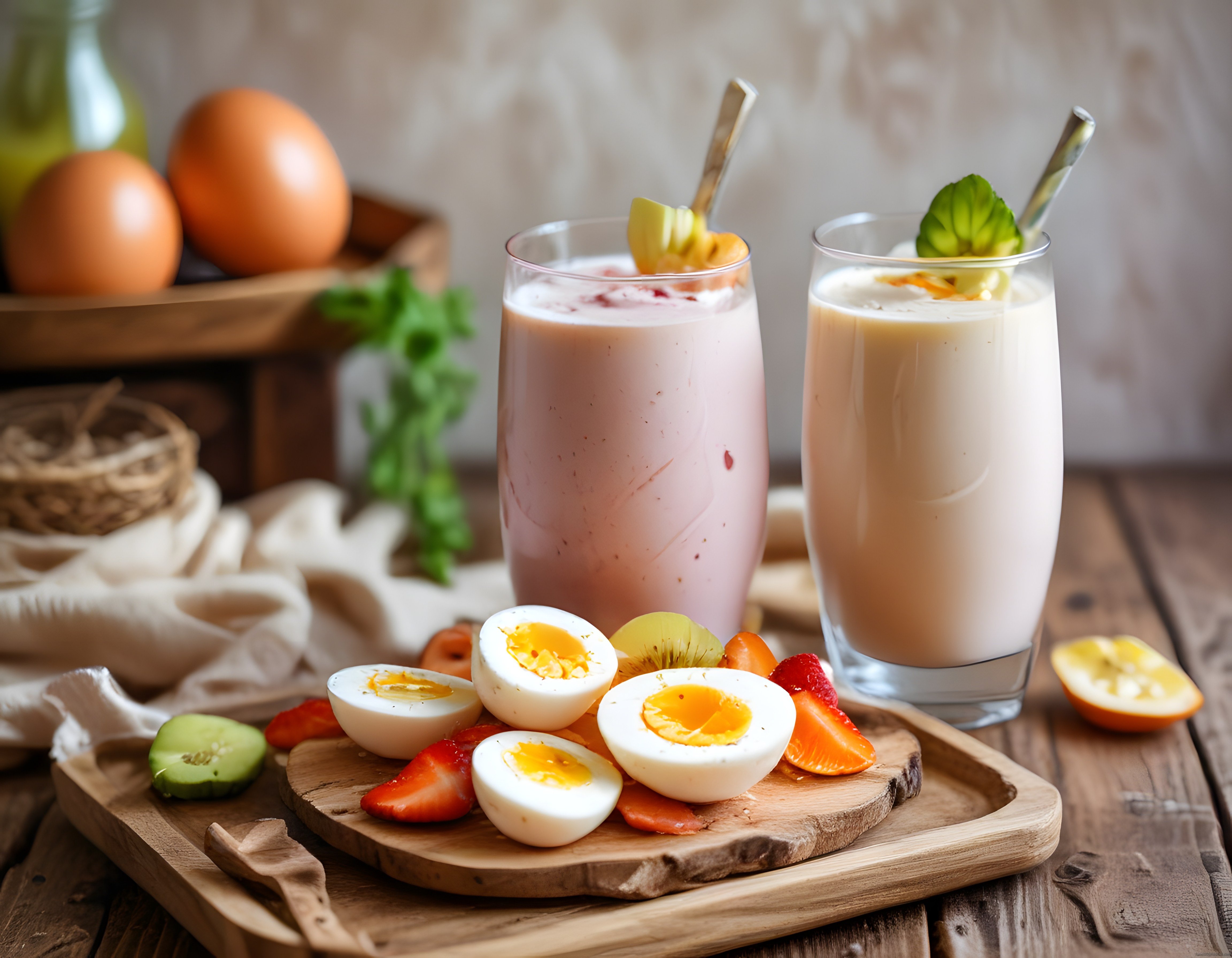 Rustik Ahşap Masada Vitamin Dolu Kahvaltı ve Taze Meyveli Smoothie
