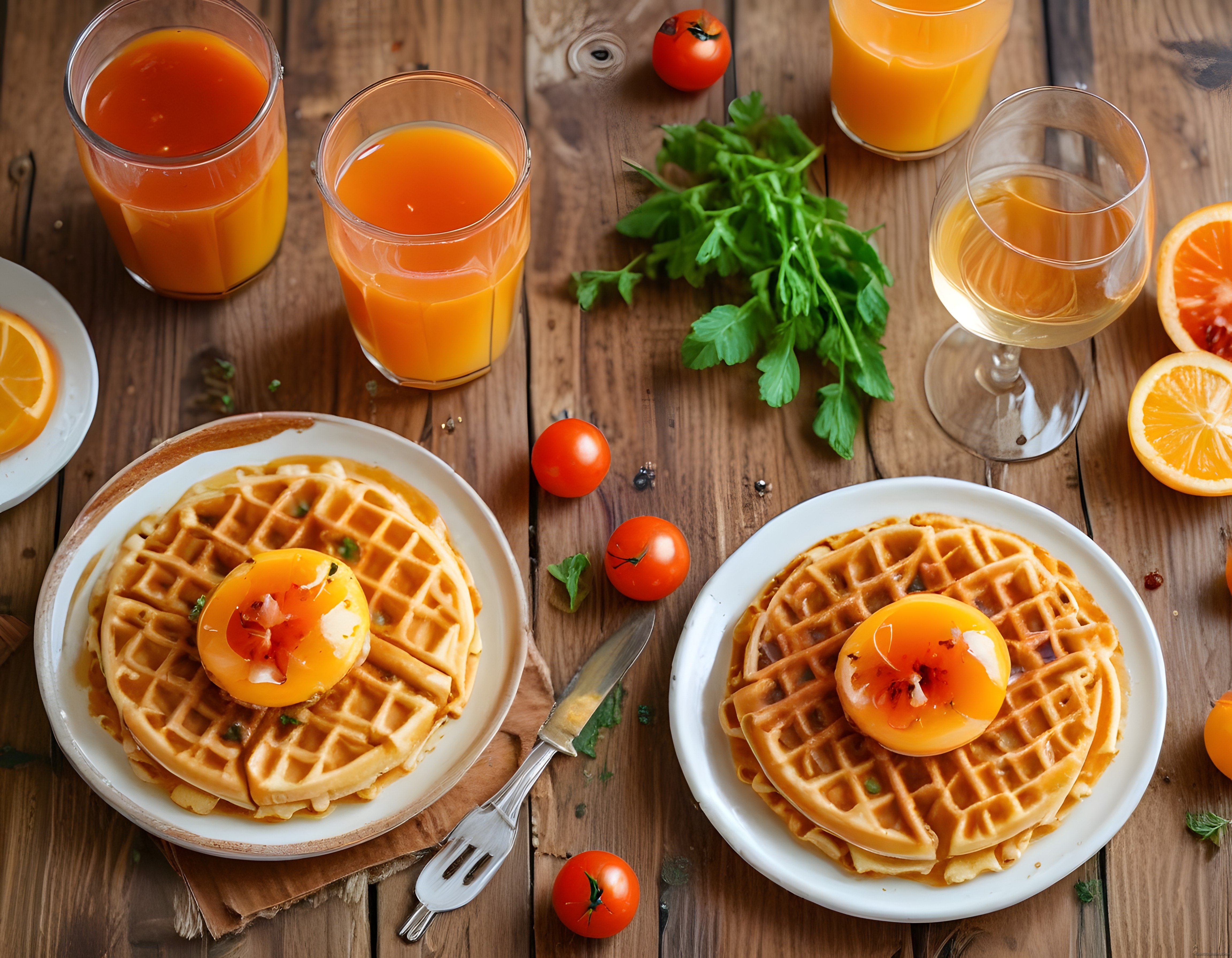 Rustik Ahşap Masada Waffle ve Portakal Suyu Kahvaltı Sunumu