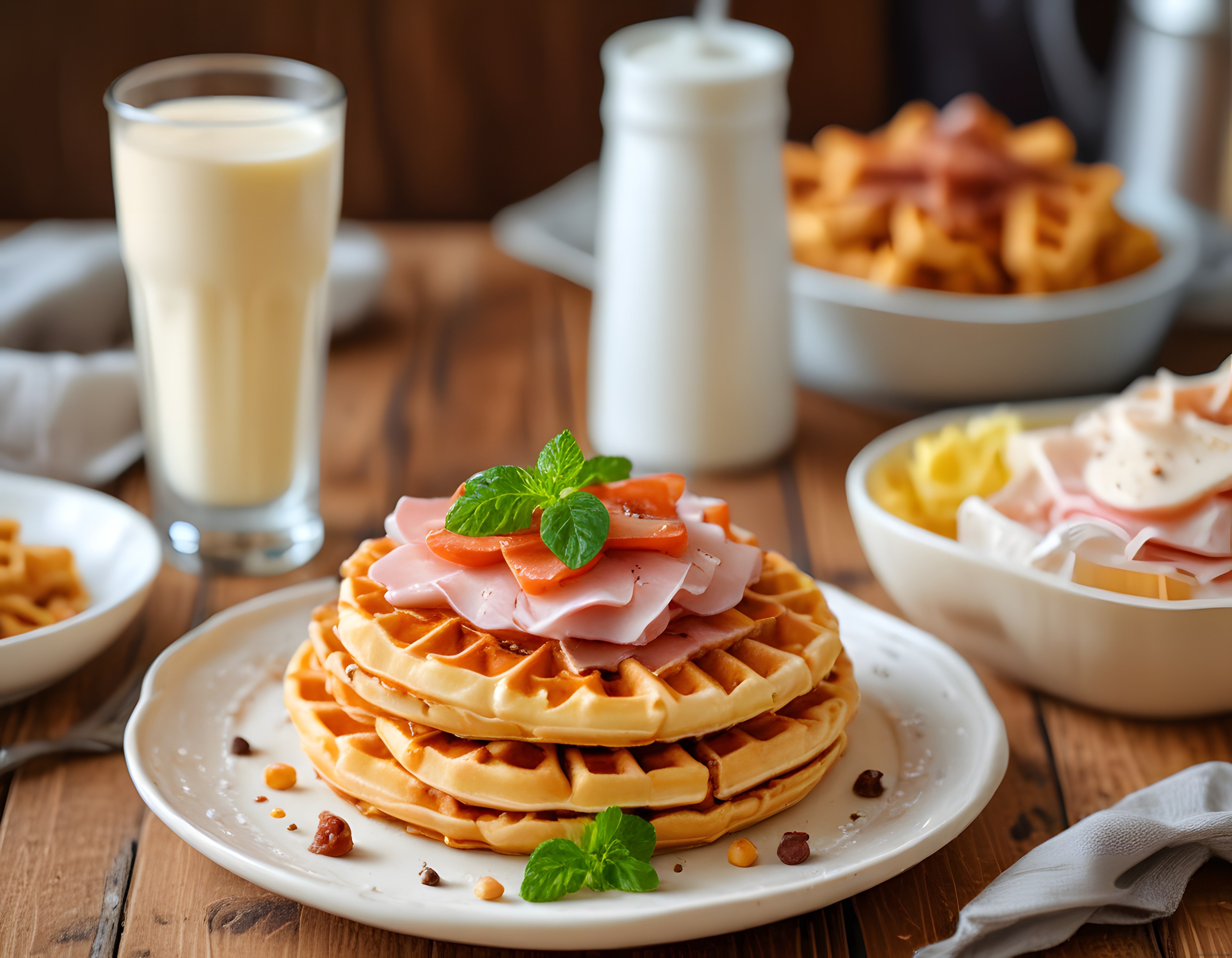 Rustik Ahşap Masada Waffle ve Süt ile Sıcacık Kahvaltı Masası
