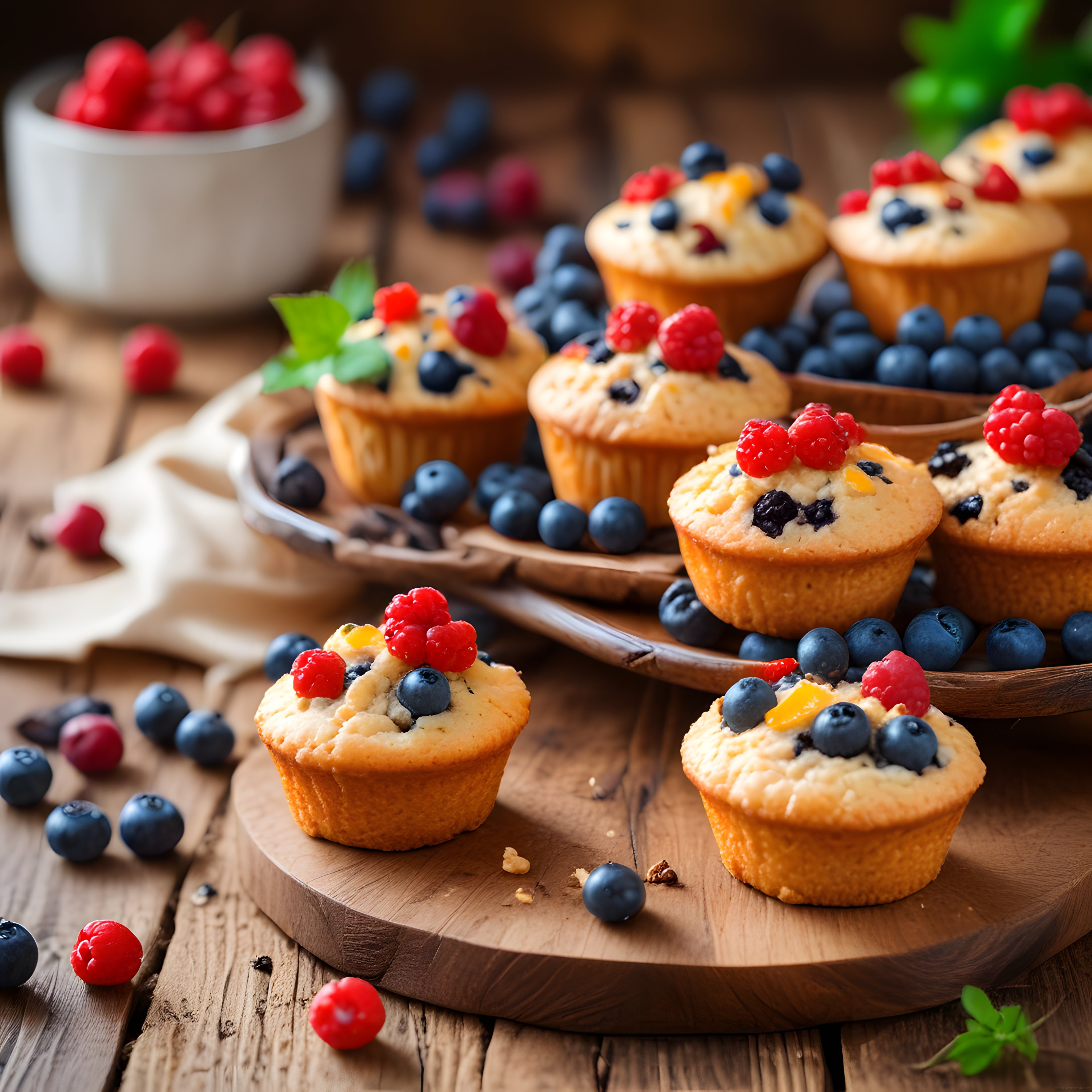 Rustik ahşap masada yaban mersini ve ahududulu ev yapımı muffinler
