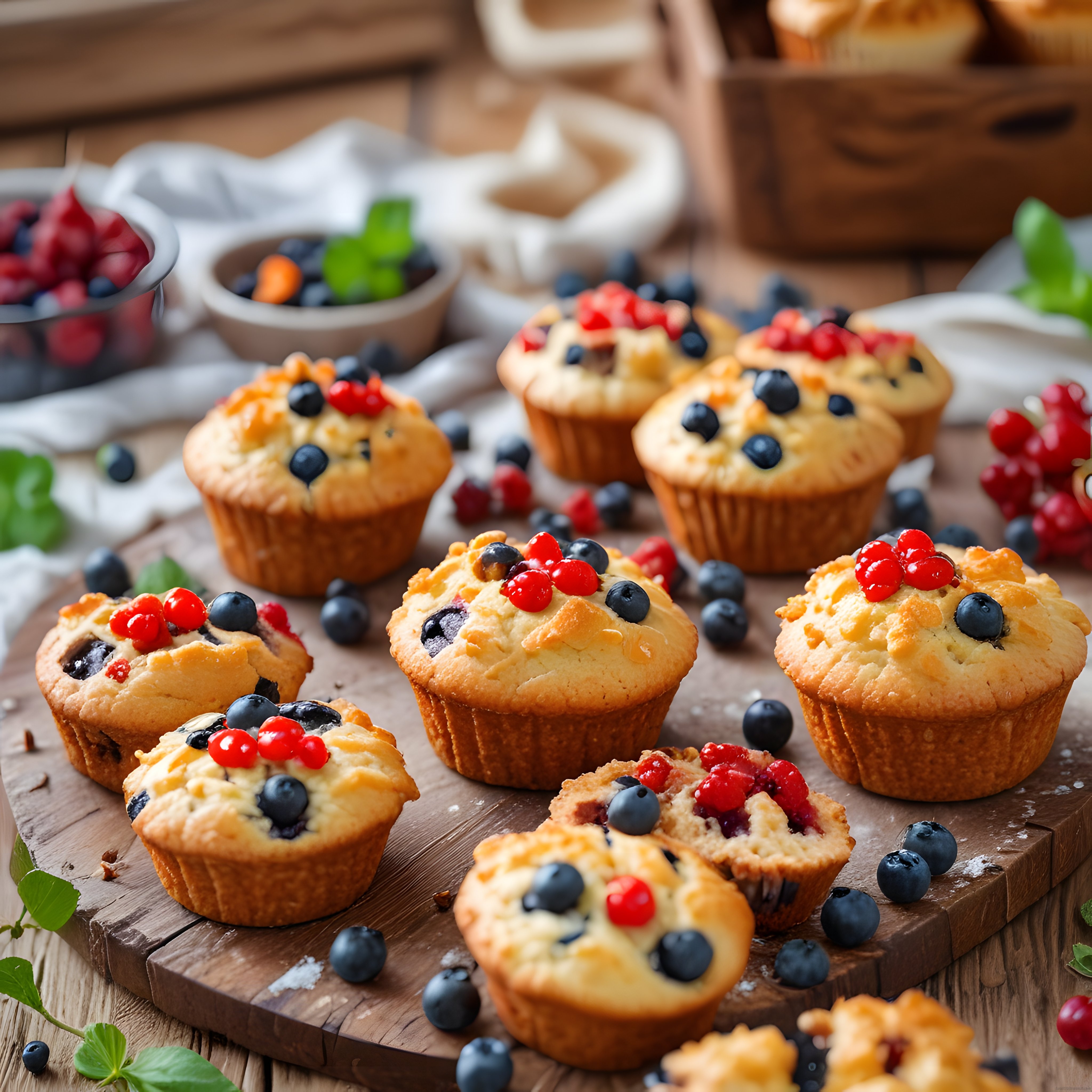 Rustik Ahşap Masada Yaban Mersini ve Frenk Üzümlü Ev Yapımı Muffinler
