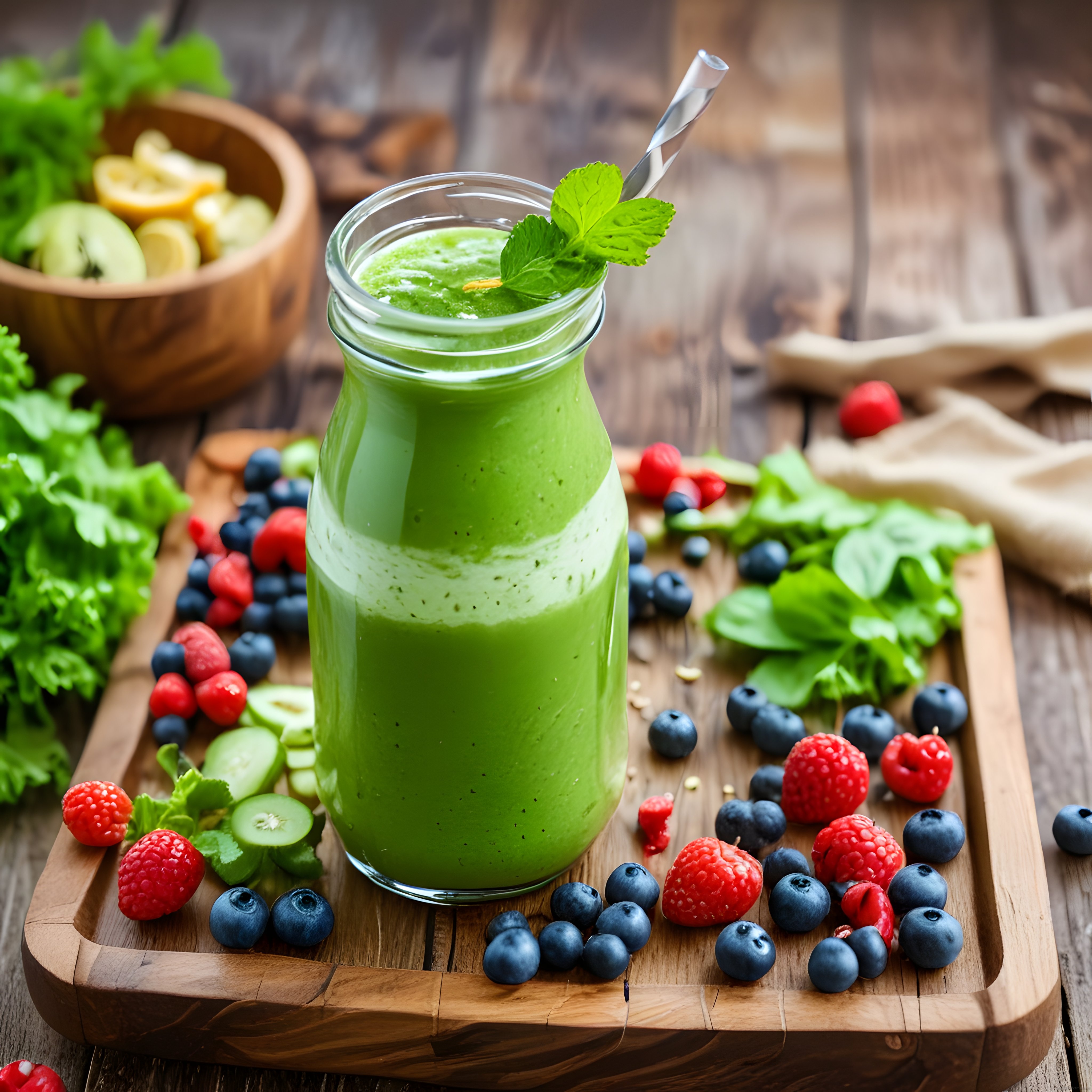 Rustik Ahşap Masada Yeşil Detox Smoothie ve Orman Meyveli Kahvaltı