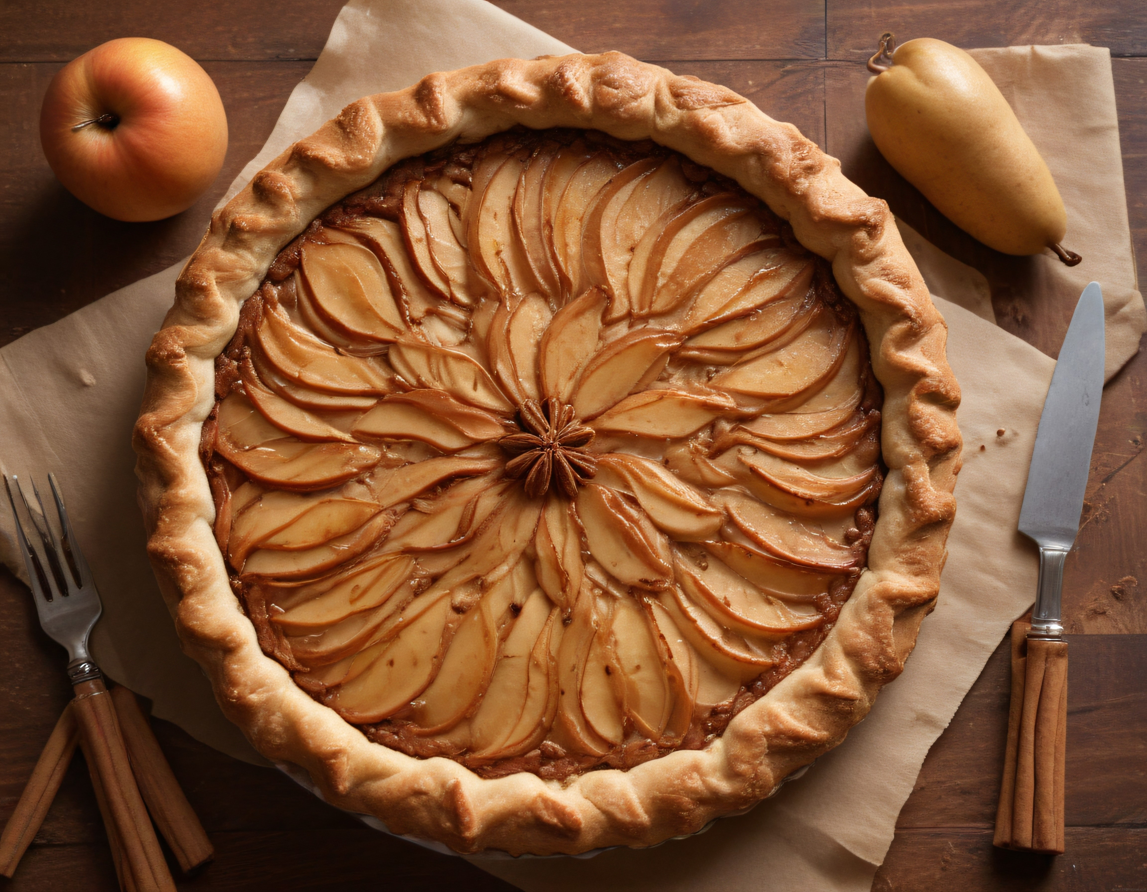 Rustik Ahşap Masada Yıldız Anasonlu ve Tarçınlı Elmalı Tart Görseli