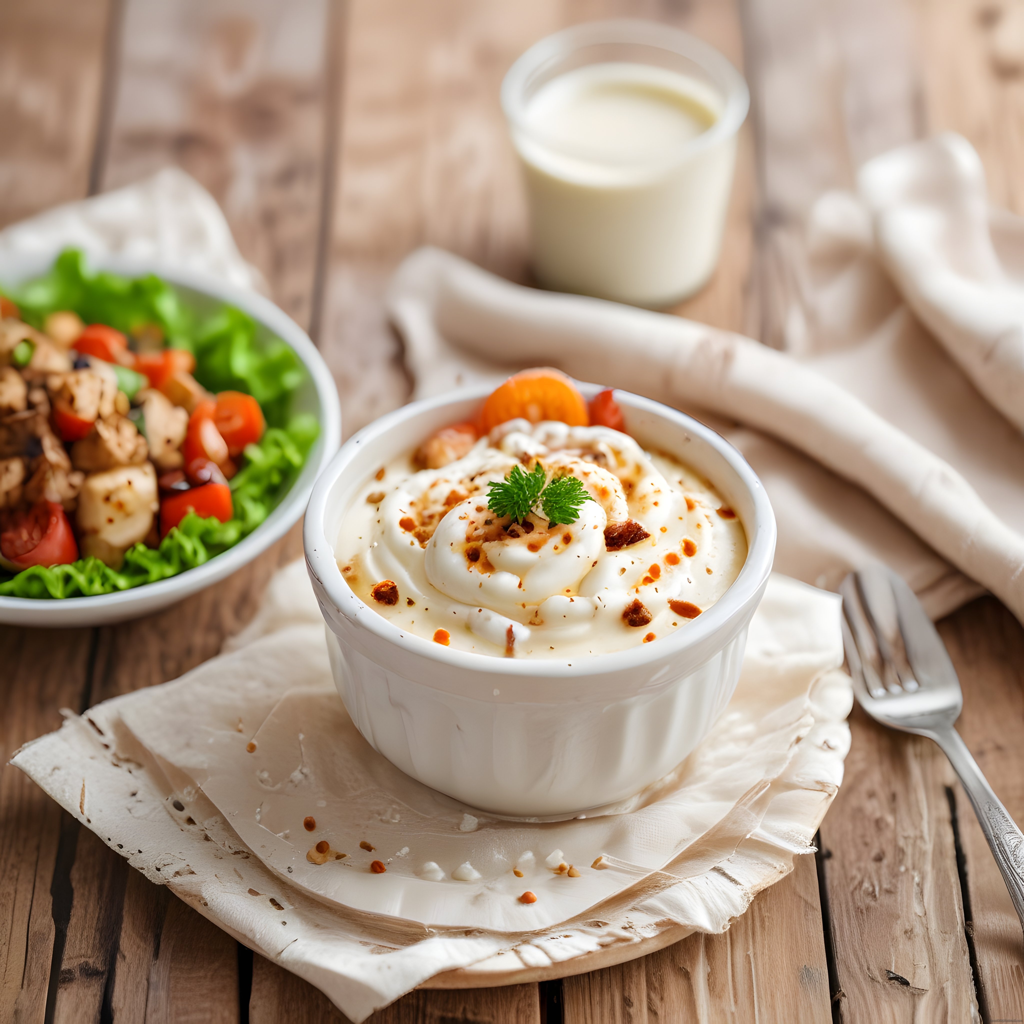 Rustik Ahşap Masada Yoğurtlu Mantı, Salata ve Ayran ile Lezzetli Sunum