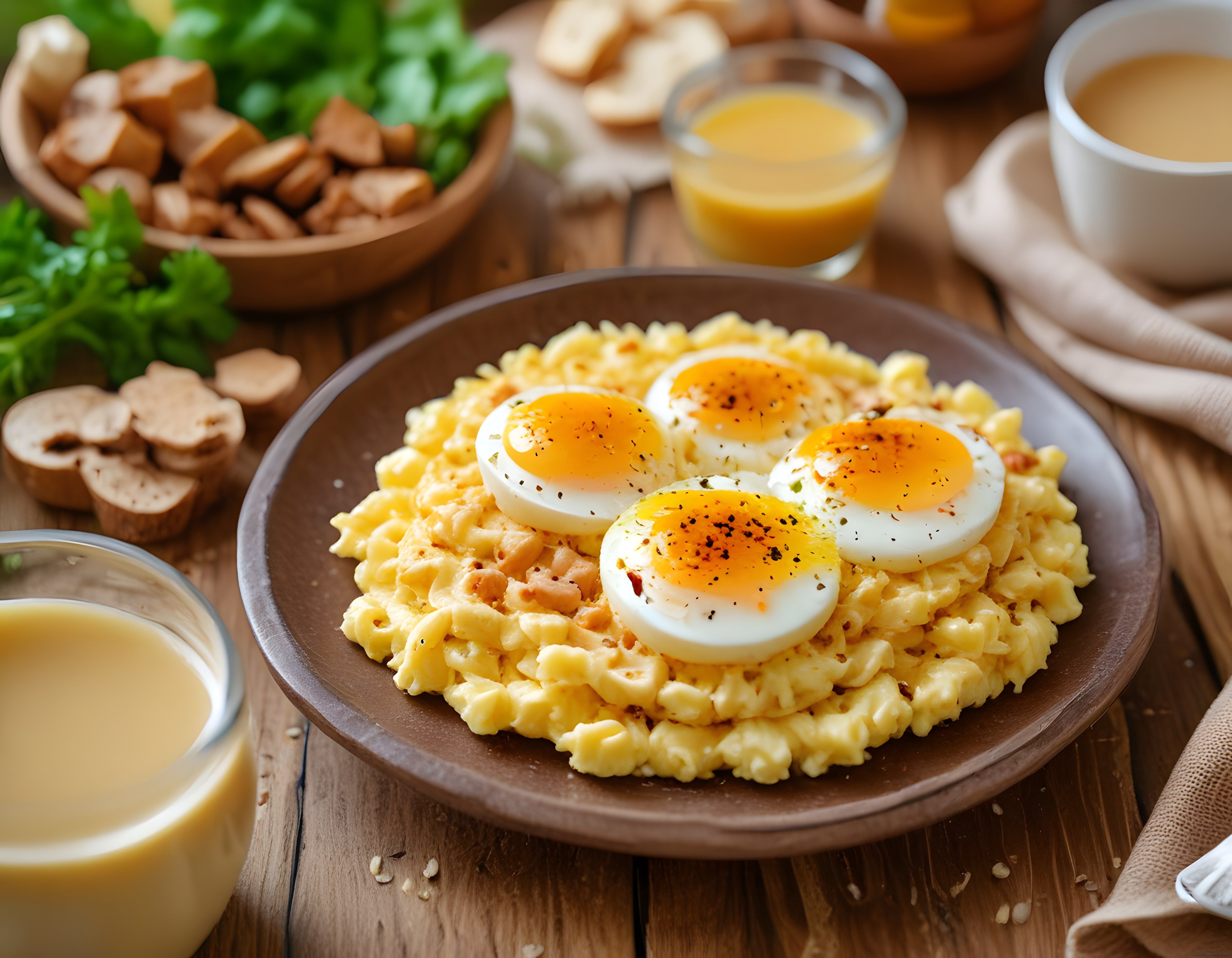 Rustik Ahşap Masada Yumurta Salatası ve Yumuşak Kaynamış Yumurta Dilimleri