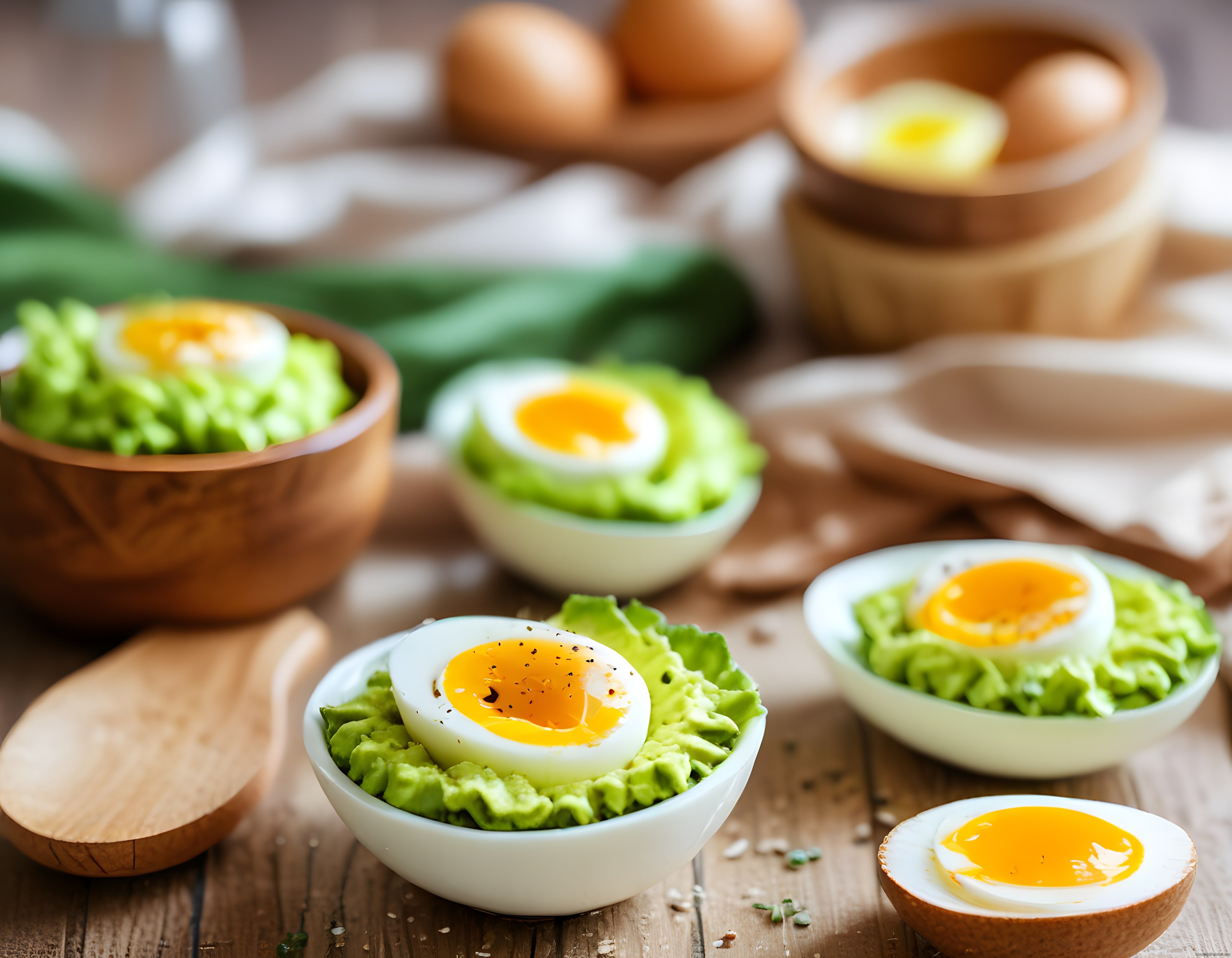 Rustik Ahşap Masada Yumurtalı Avokado ve Yeşillik Kahvaltı Sunumu