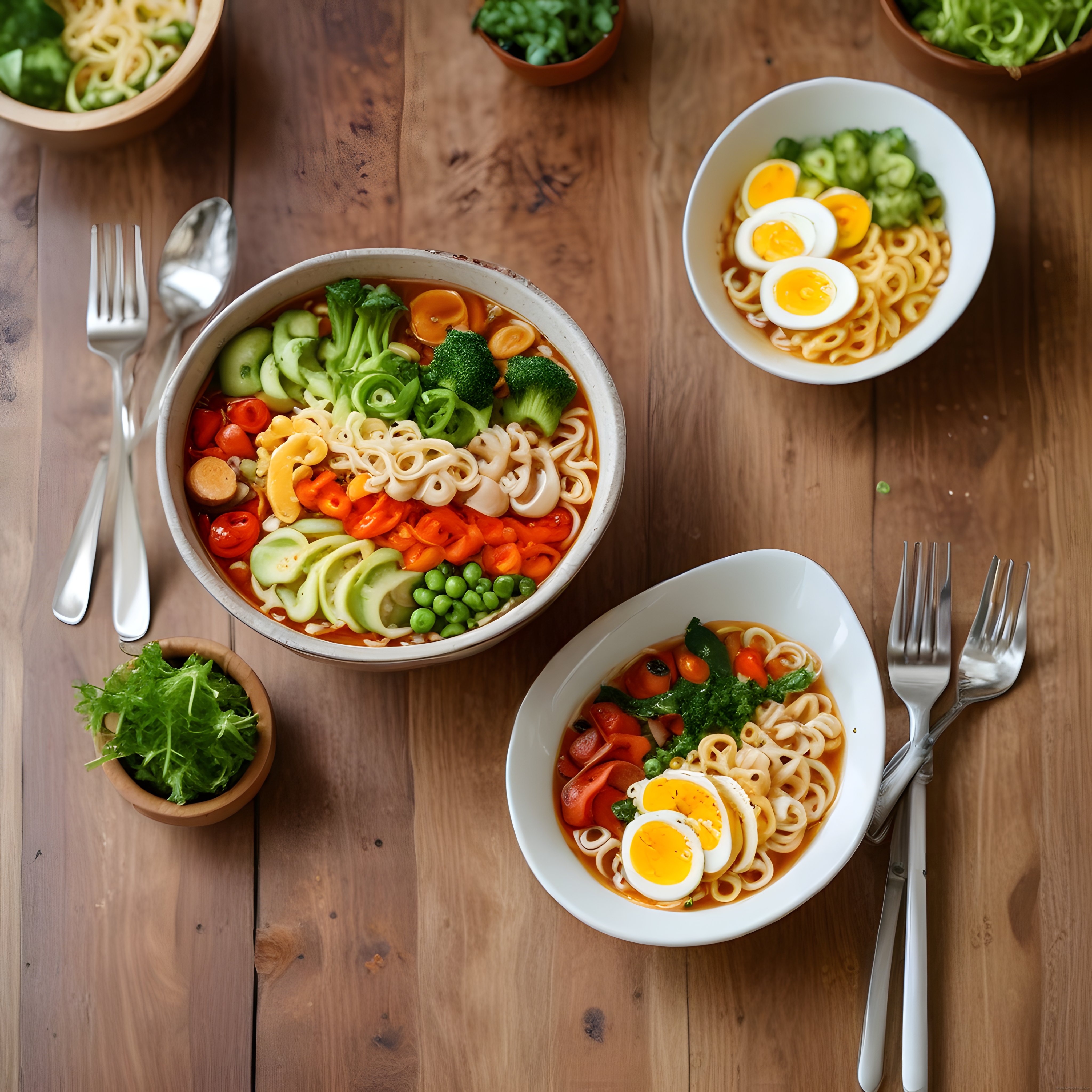 Rustik Ahşap Masada Yumurtalı Sebzeli Noodle ve Ramen Kase Sunumu