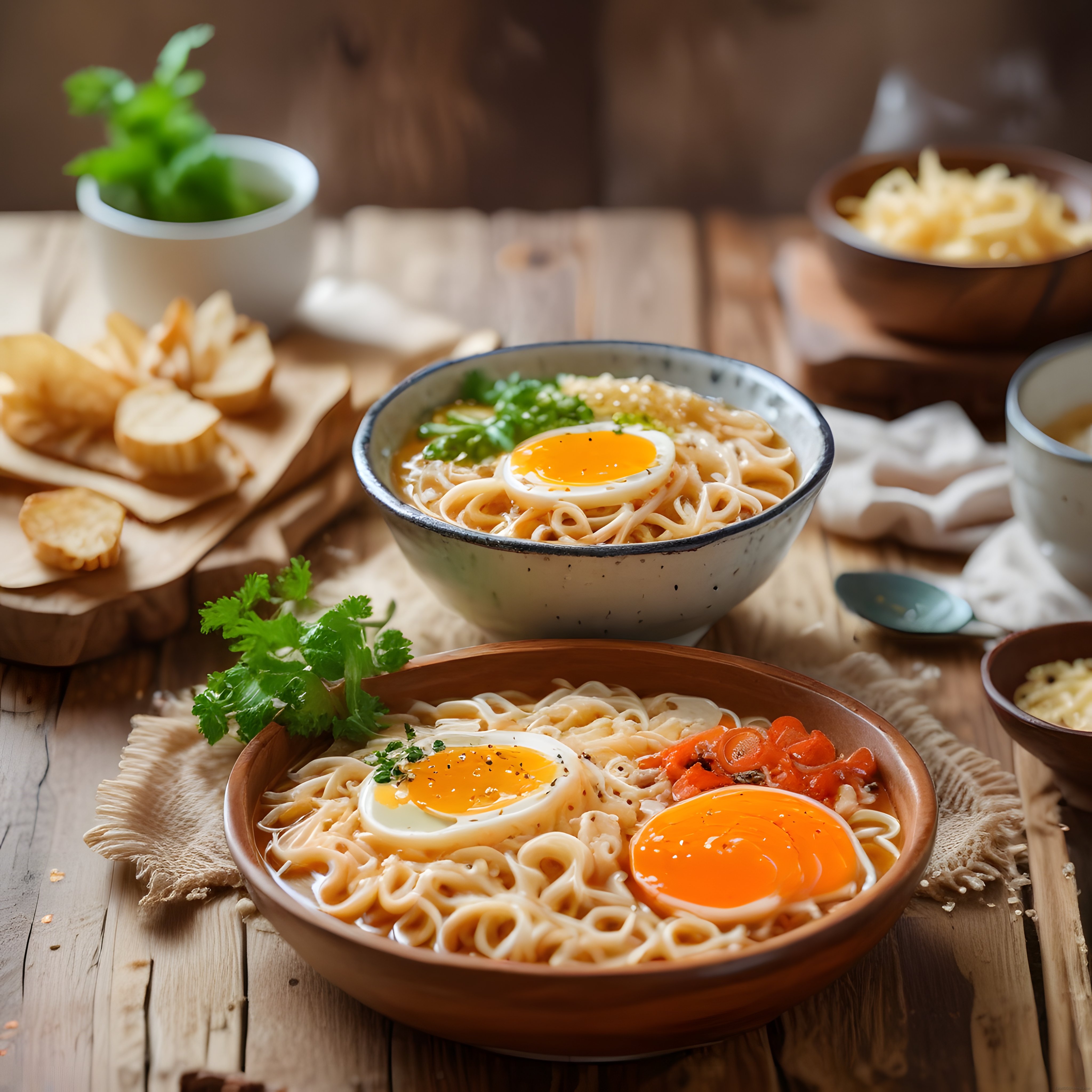 Rustik Ahşap Masada Yumurtalı ve Domatesli Sıcak Noodle Çorbası Sunumu