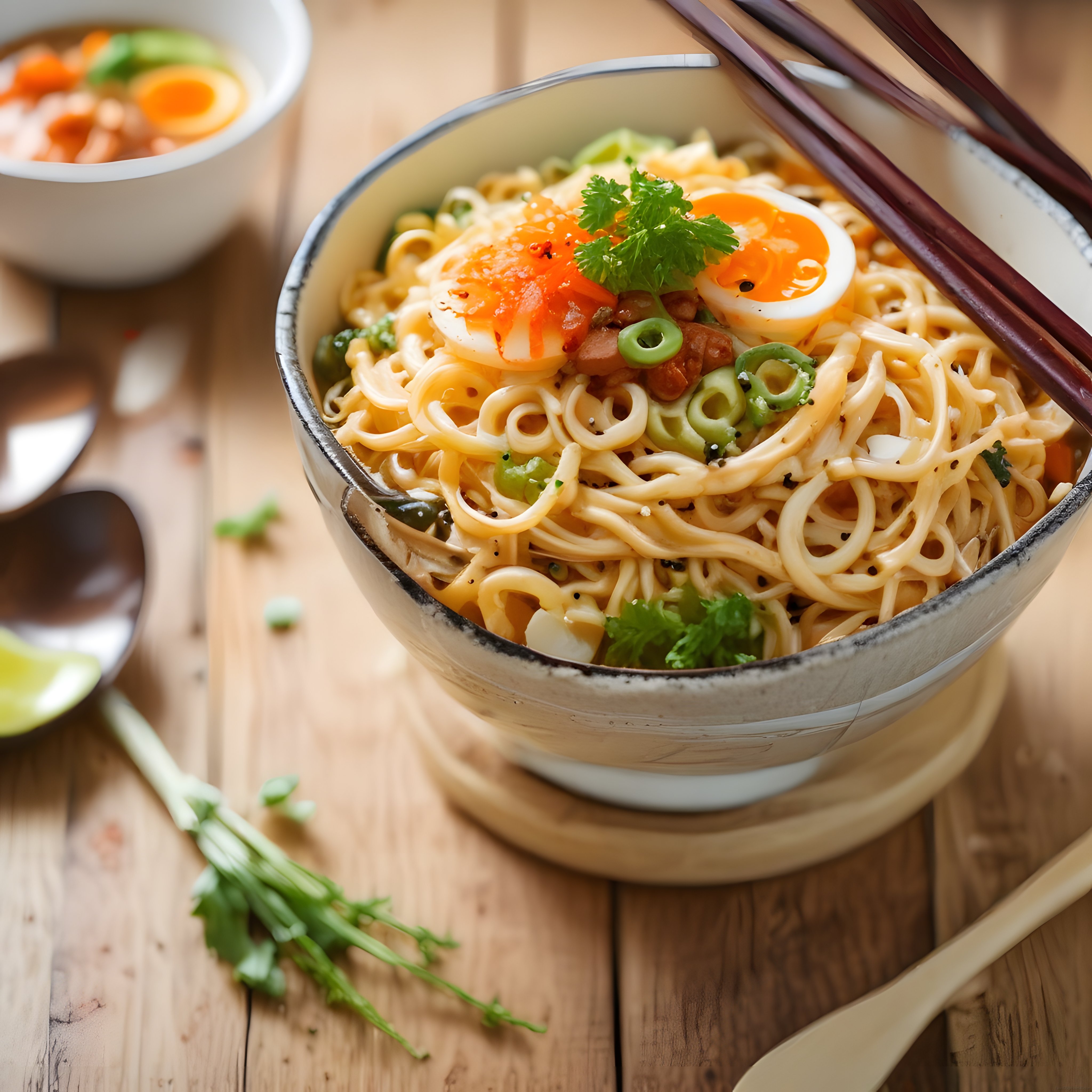 Rustik Ahşap Masada Yumurtalı ve Kişnişli Sıcak Asya Noodle Kasesi