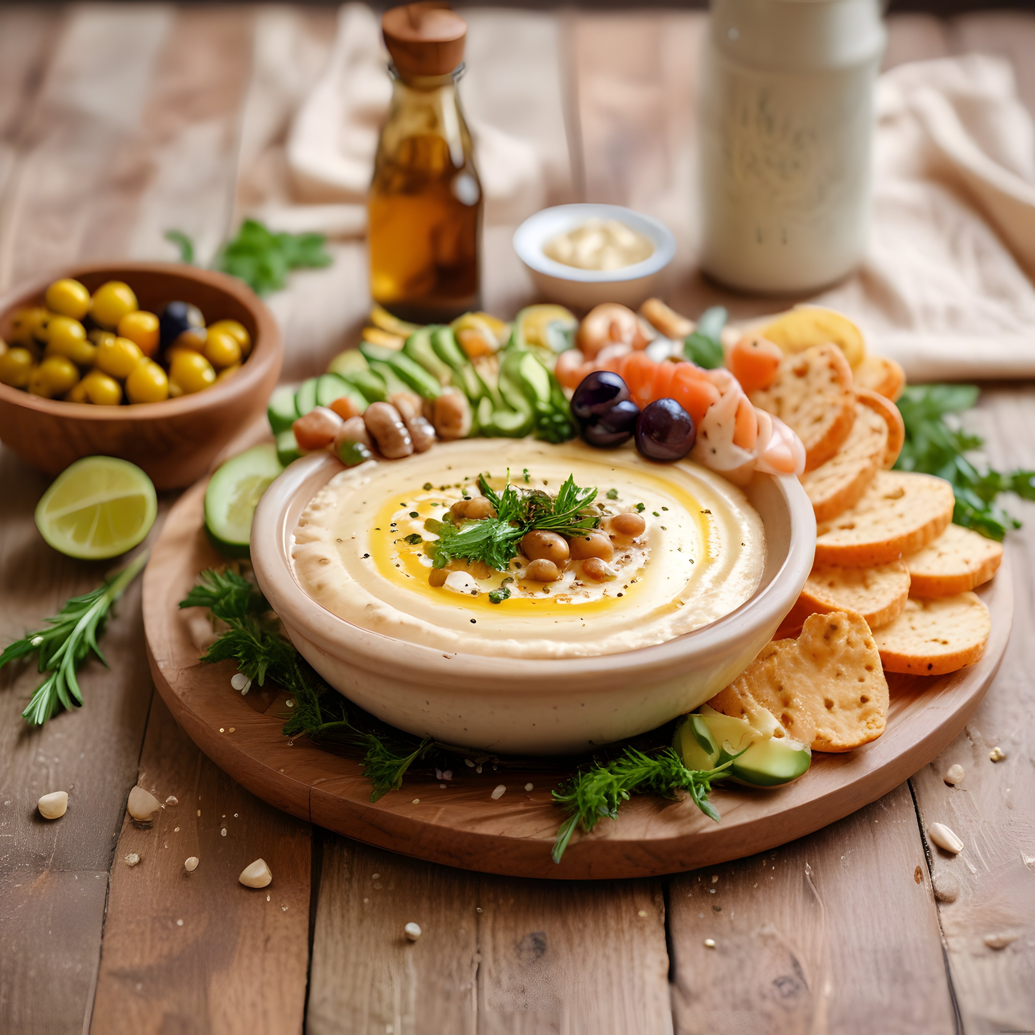 Rustik Ahşap Masada Zahmetsiz Humus Servisi ve Taze Mezeler