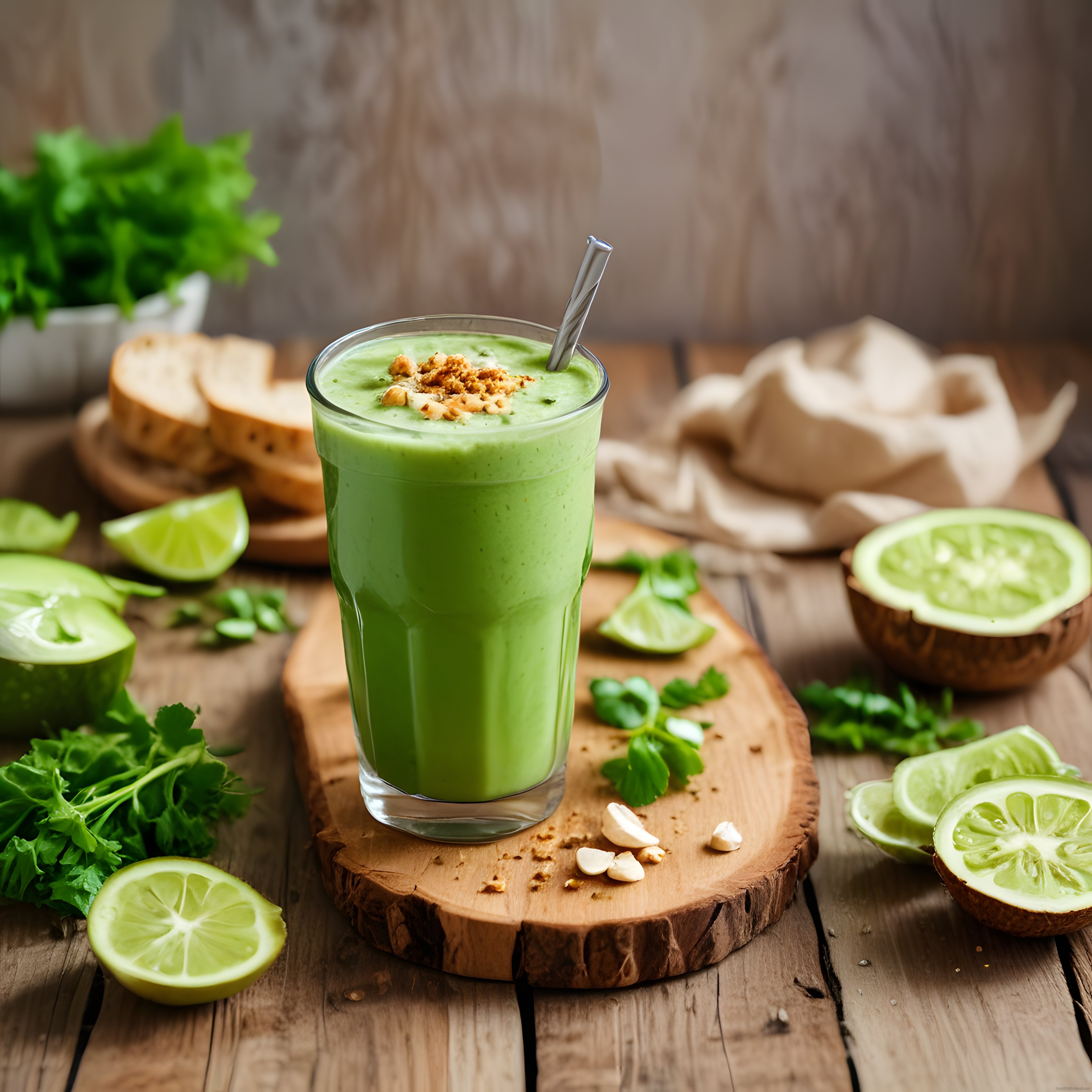 Rustik Ahşap Masada Zencefilli Yeşil Detoks Smoothie ve Taze Limon Dilimleri