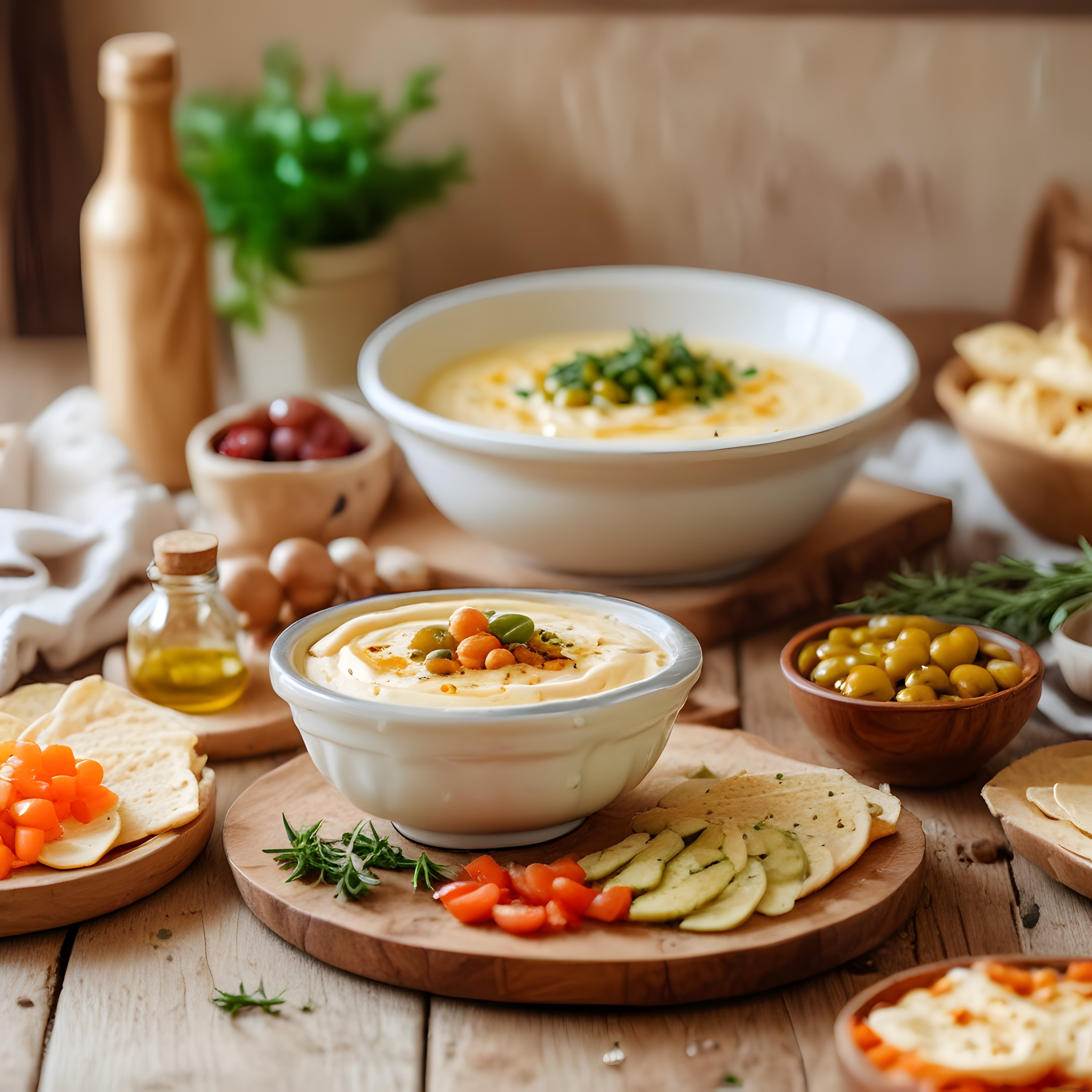 Rustik Ahşap Masada Zeytin ve Taze Sebzelerle Geleneksel Humus Meze Sunumu