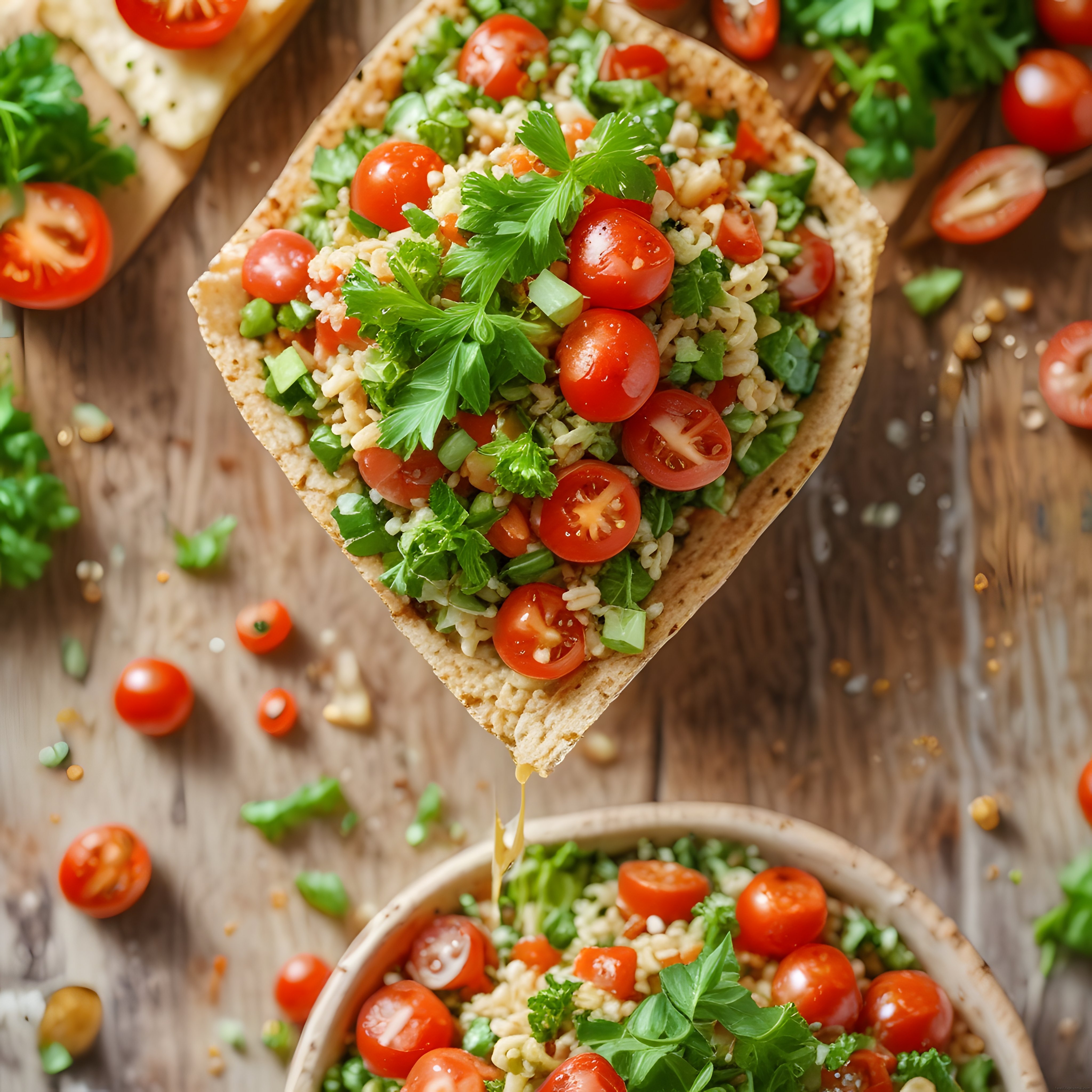 Rustik Ahşap Masada Zeytinyağlı Bulgur Salatası ve Taze Otlu Ekmek Üstü Lezzet