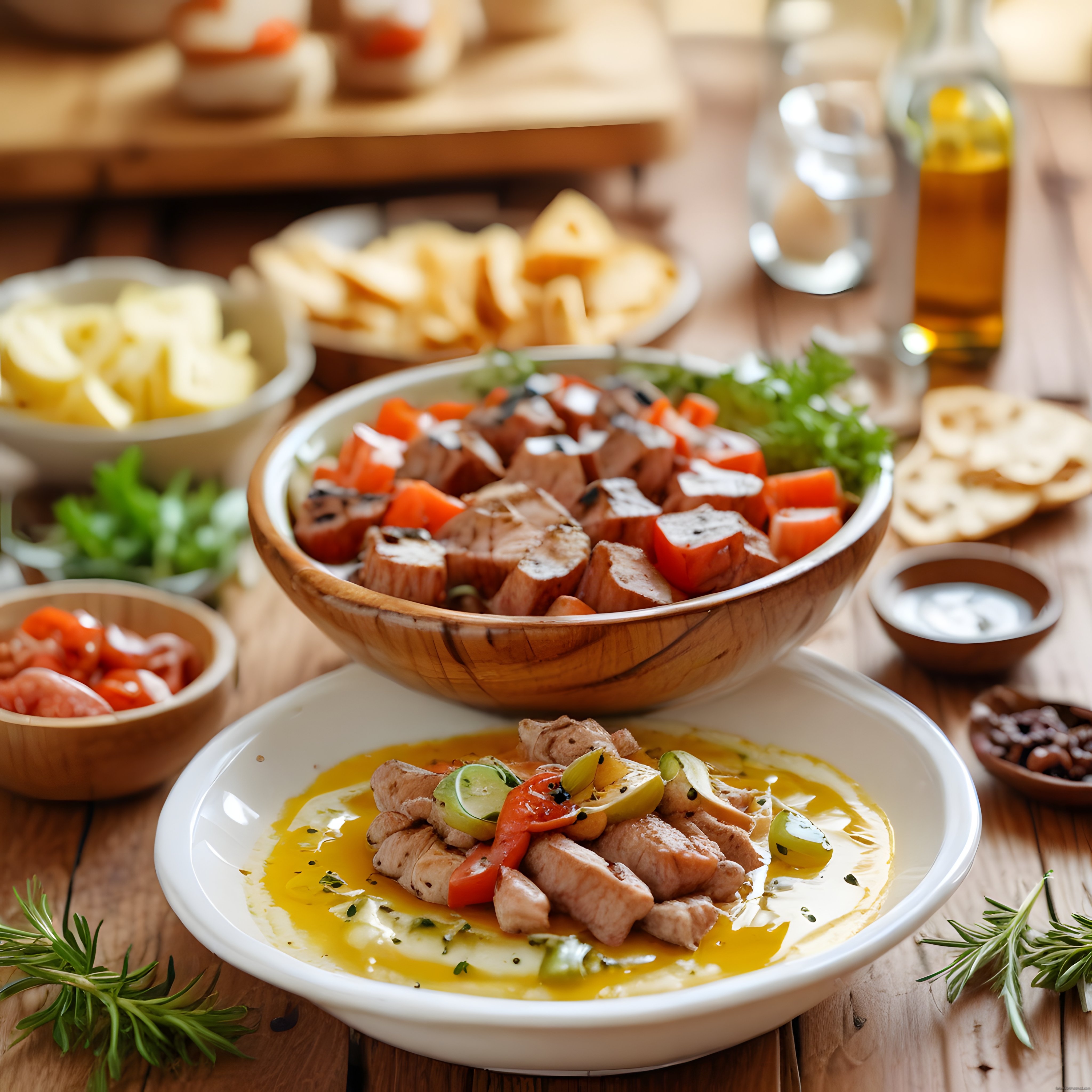 Rustik Ahşap Masada Zeytinyağlı Et Yemekleri ve Meze Çeşitleri