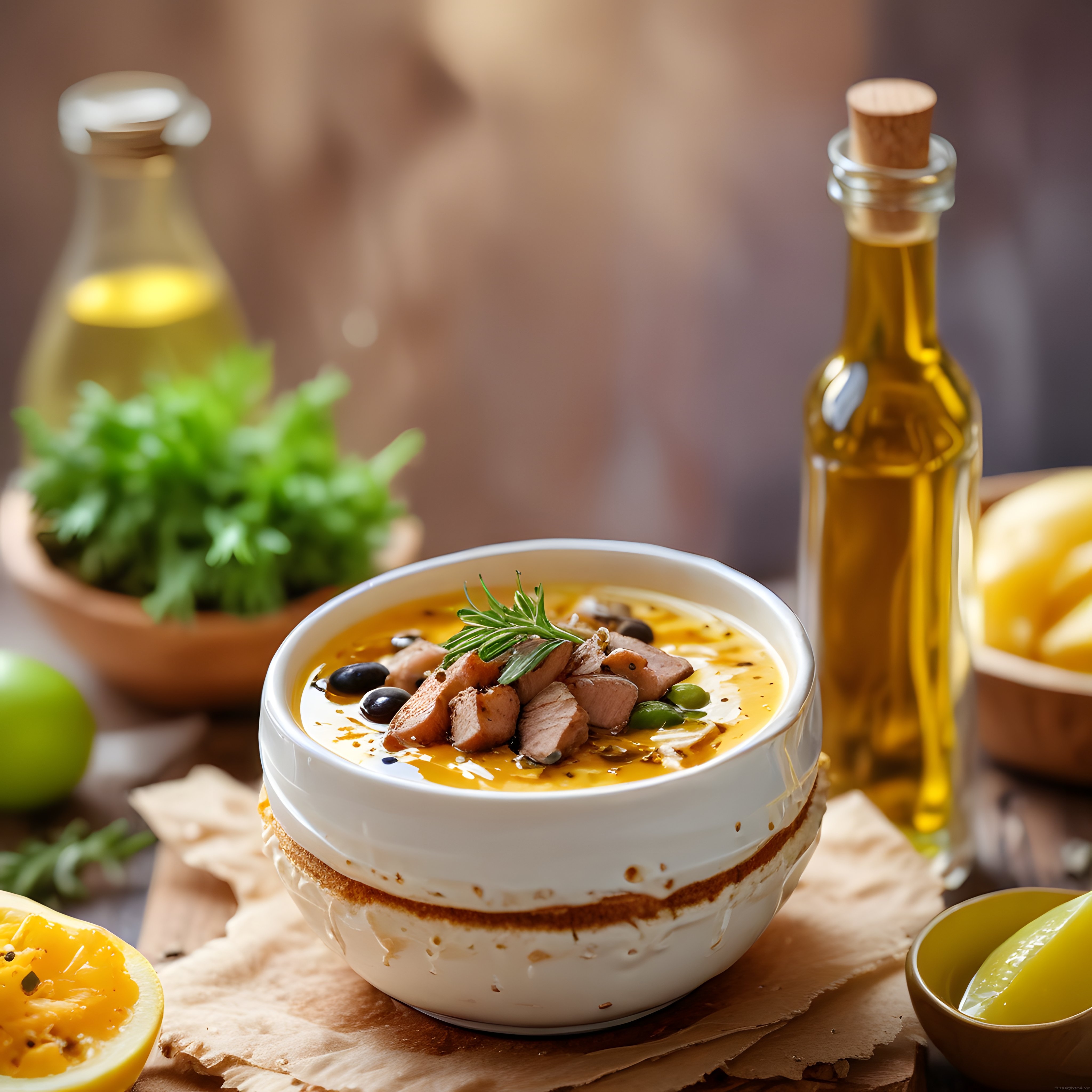 Rustik Ahşap Masada Zeytinyağlı Tavuklu Kase Çorba ve Taze Limon Sunumu